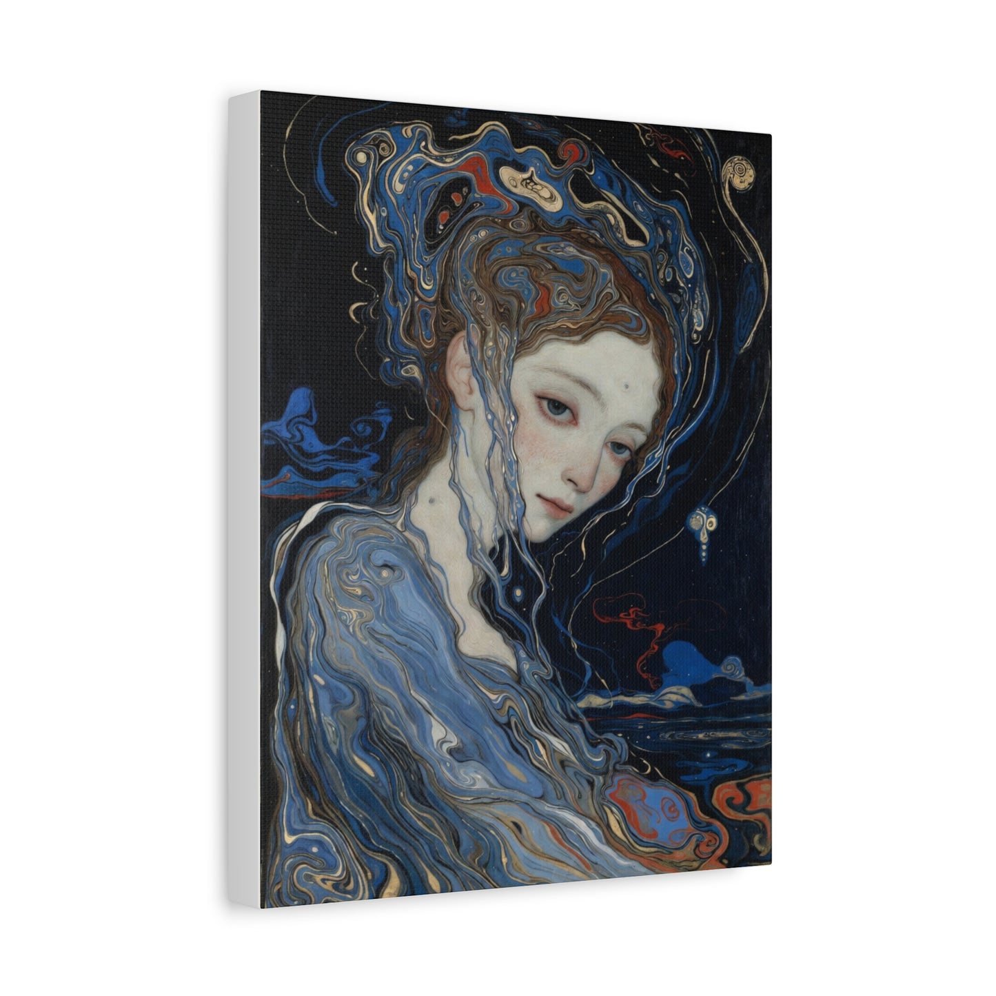 Ethereal Siren Matte Canvas Wall Art — Surreal Blue Portrait, Stretched 1.25"