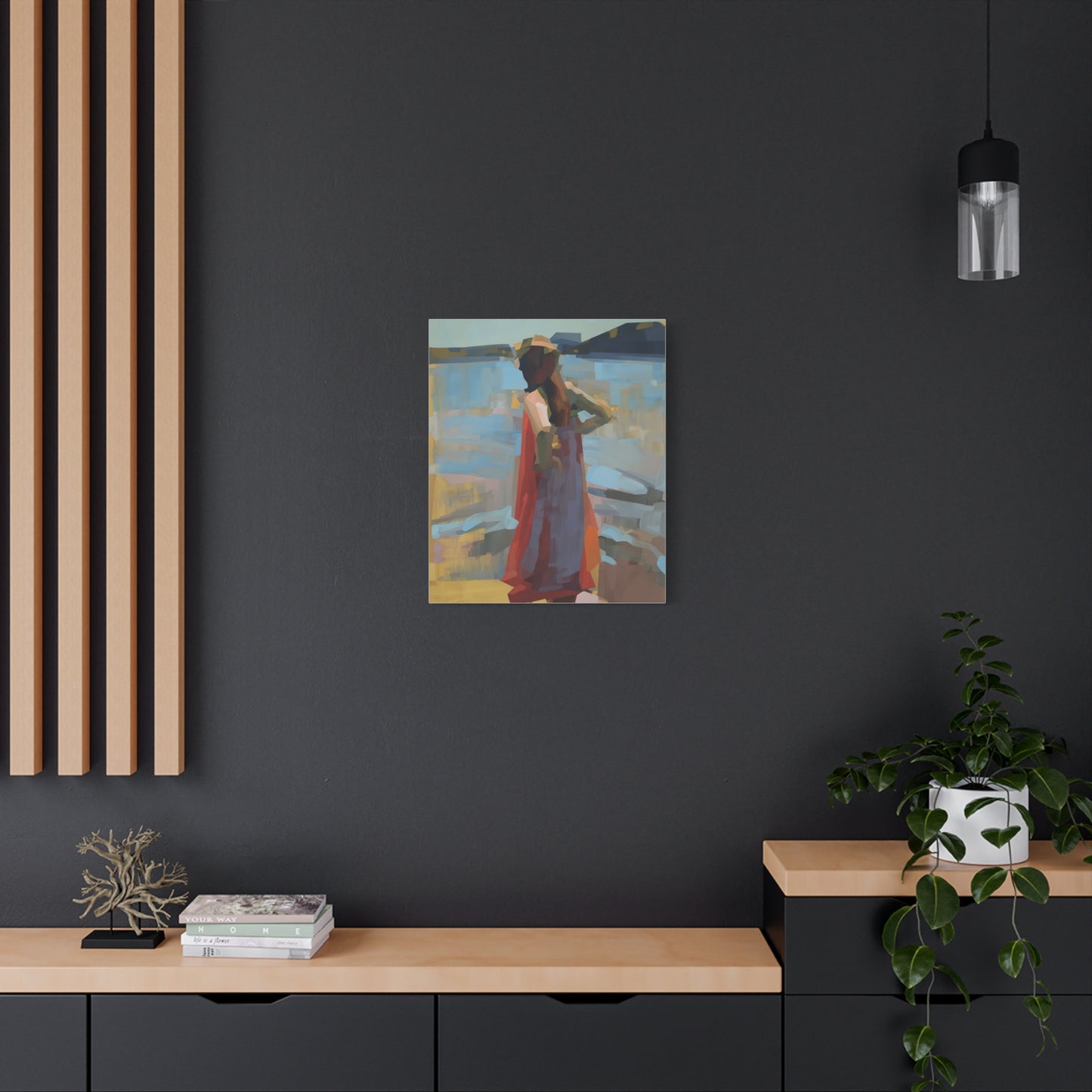 Coastal Stroll Matte Canvas Print — Abstract Woman in Red Dress, Stretched 1.25"
