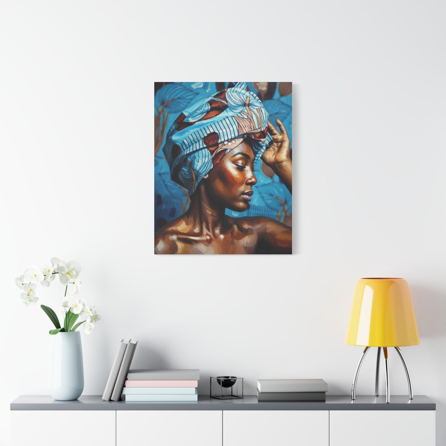 African Woman Portrait Canvas Wall Art - Blue Headwrap Matte Stretched Canvas