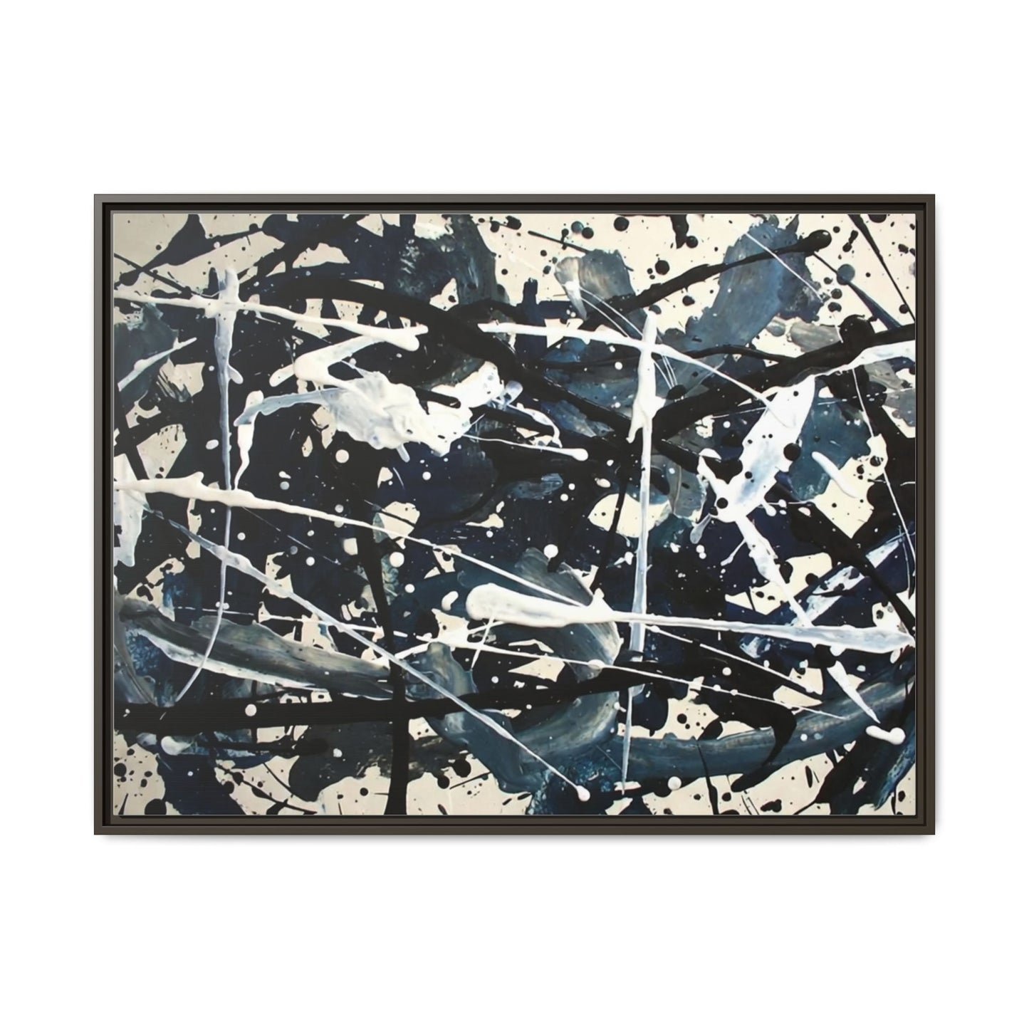Abstract Splatter Matte Canvas Framed Wall Art — Black & Blue Modern Art Print