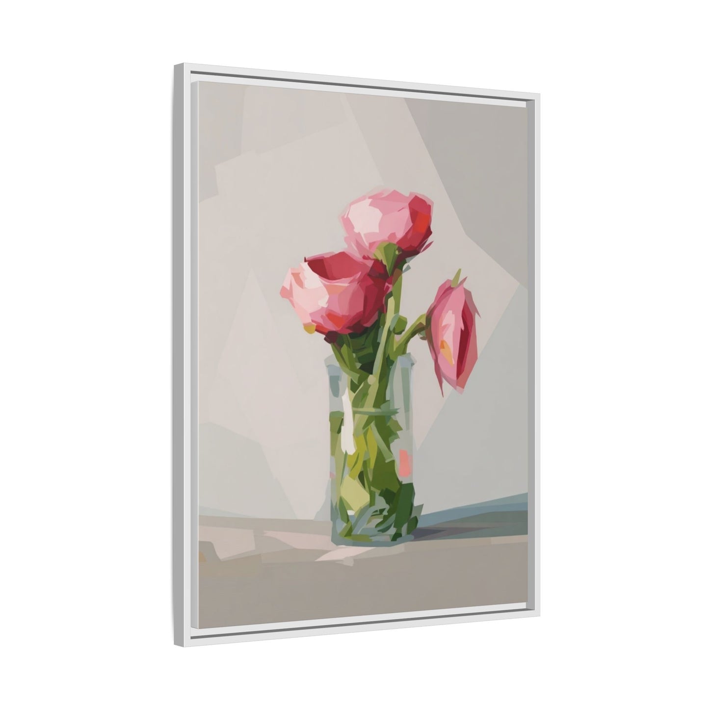 Framed Canvas Art — Pink Roses in Vase, Modern Floral Wall Print