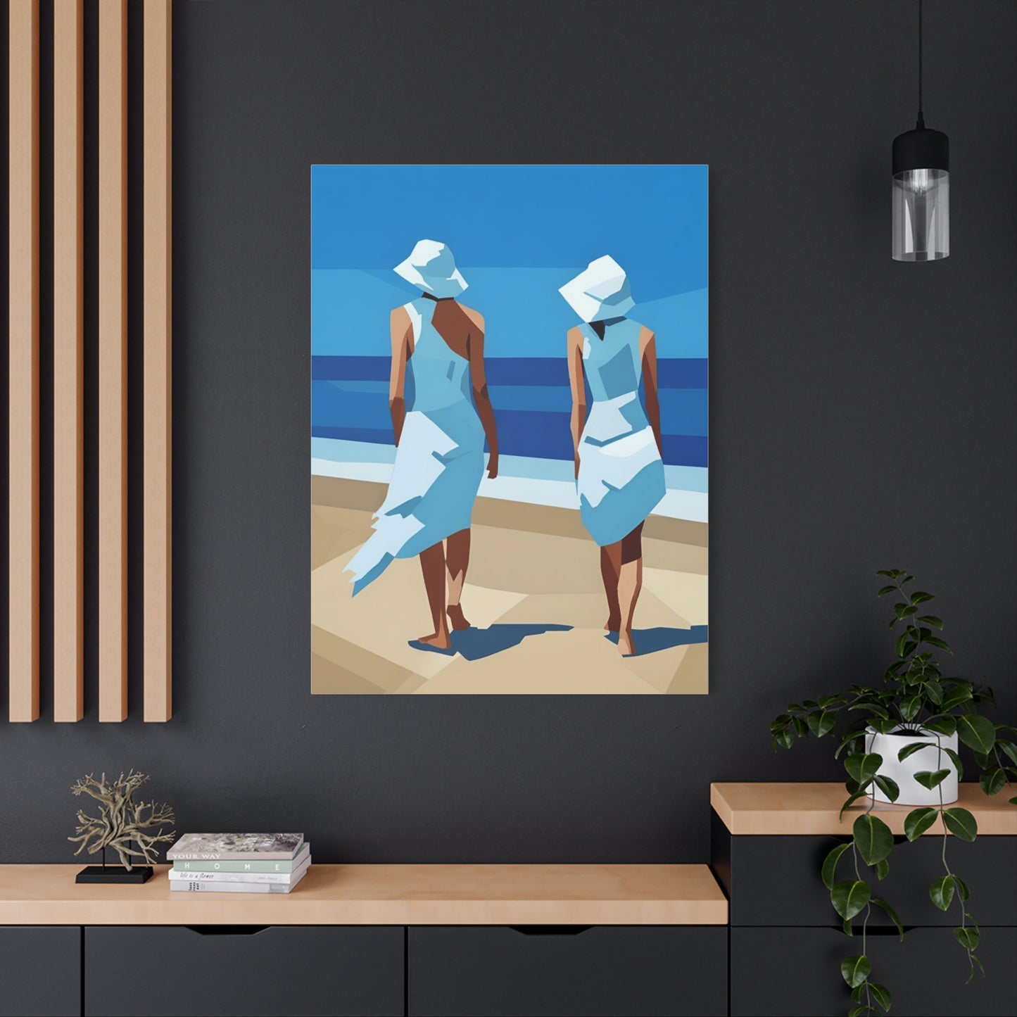Beach Stroll Canvas Print — Two Women in Blue Sun Hats Matte Stretched