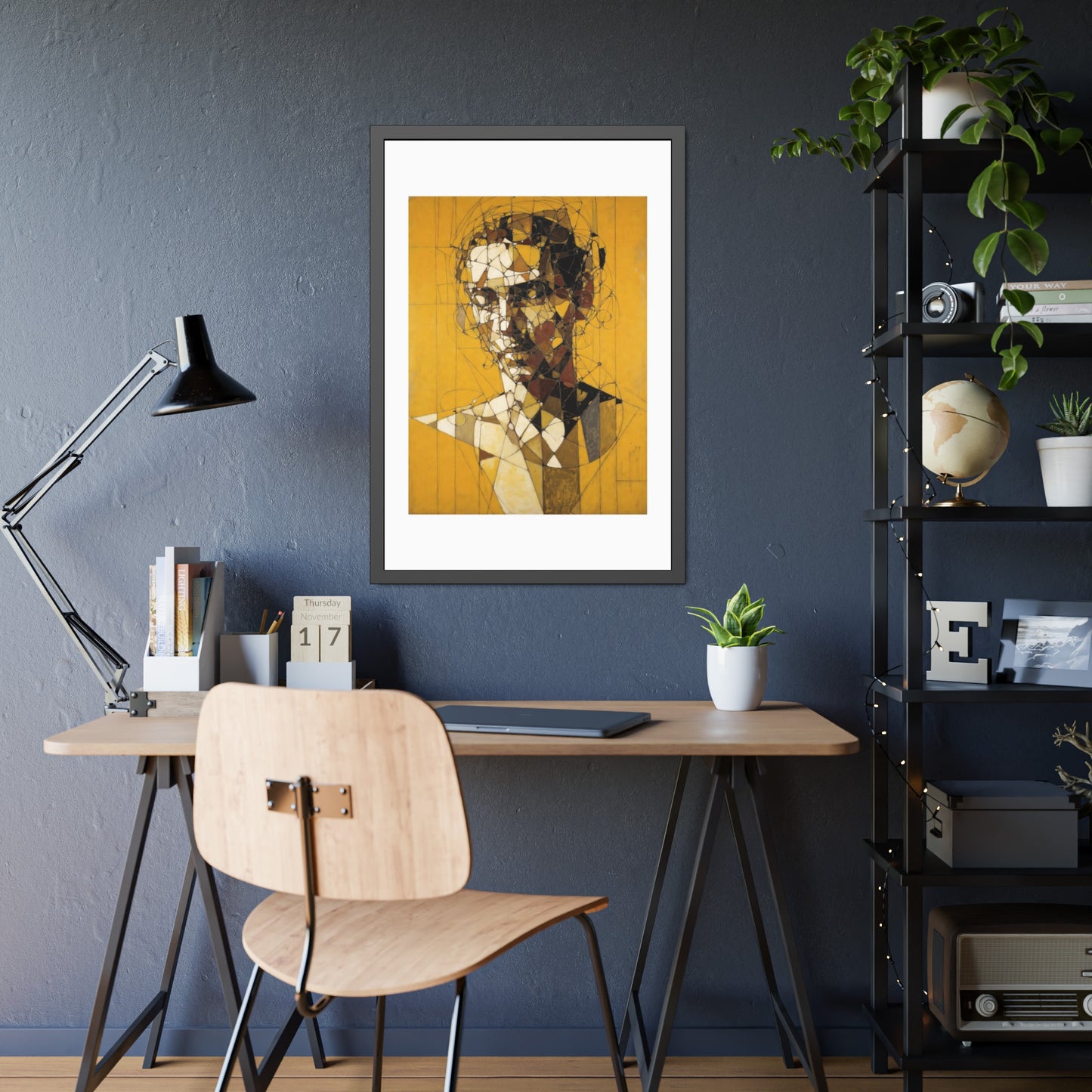Framed Poster — Abstract Geometric Portrait on Mustard Yellow