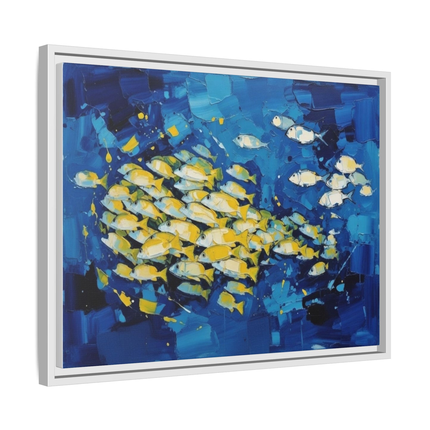 Framed Matte Canvas: Blue School of Fish Wall Art
