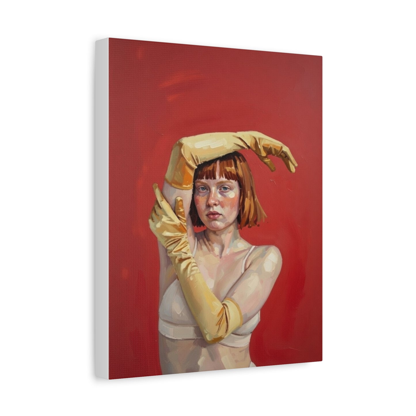 Figurative Portrait Canvas — Woman with Yellow Gloves on Red Background