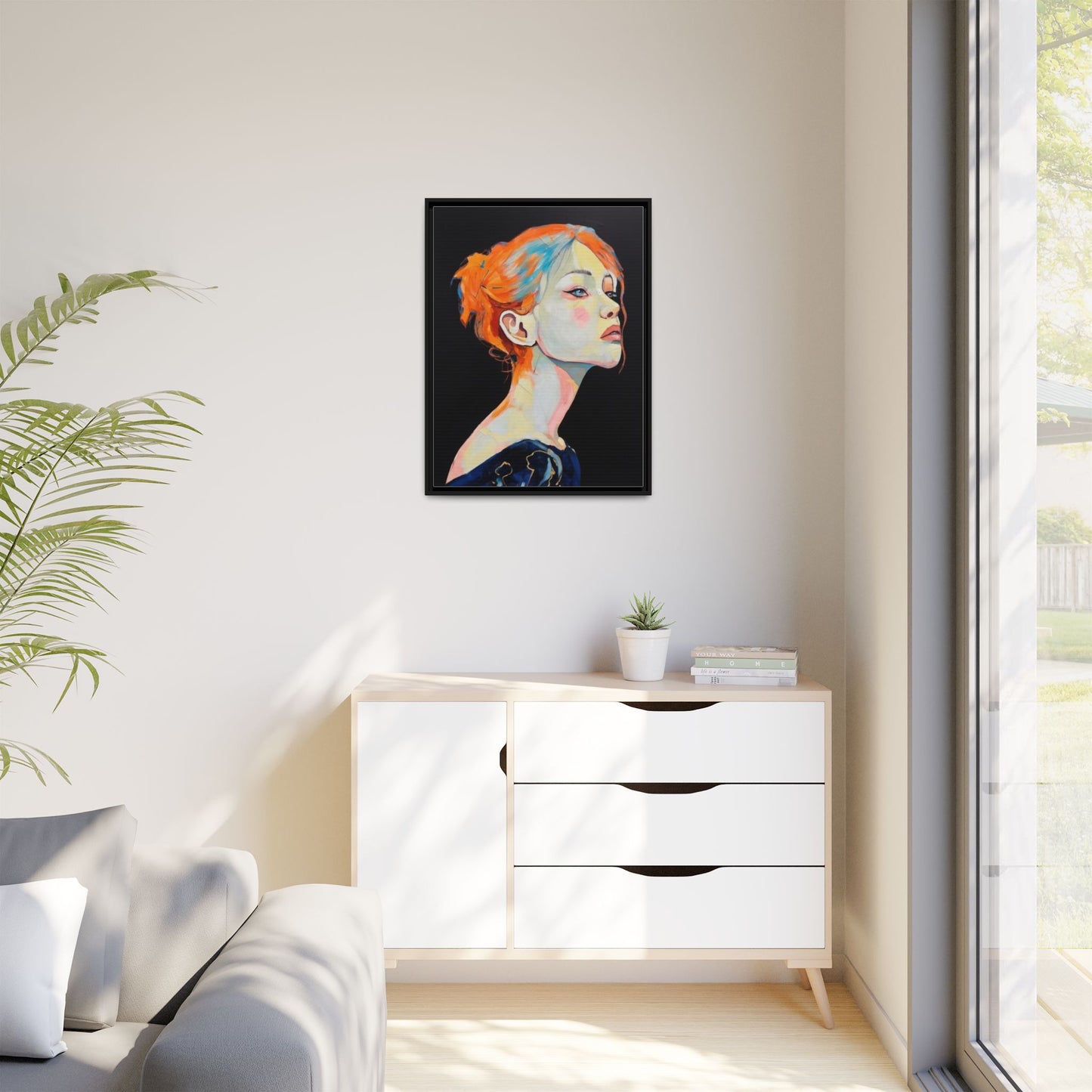 Framed Matte Canvas Portrait — Vibrant Multi‑Color Woman Wall Art