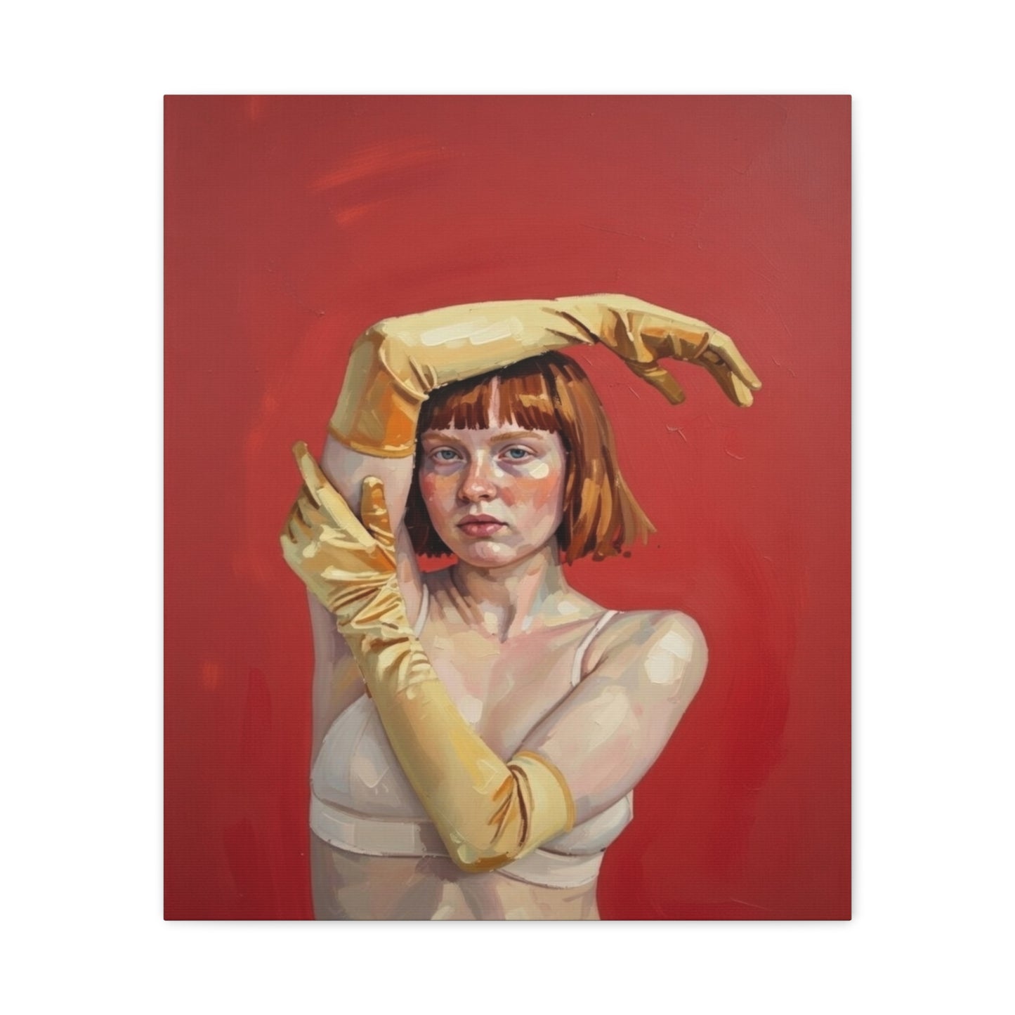 Figurative Portrait Canvas — Woman with Yellow Gloves on Red Background