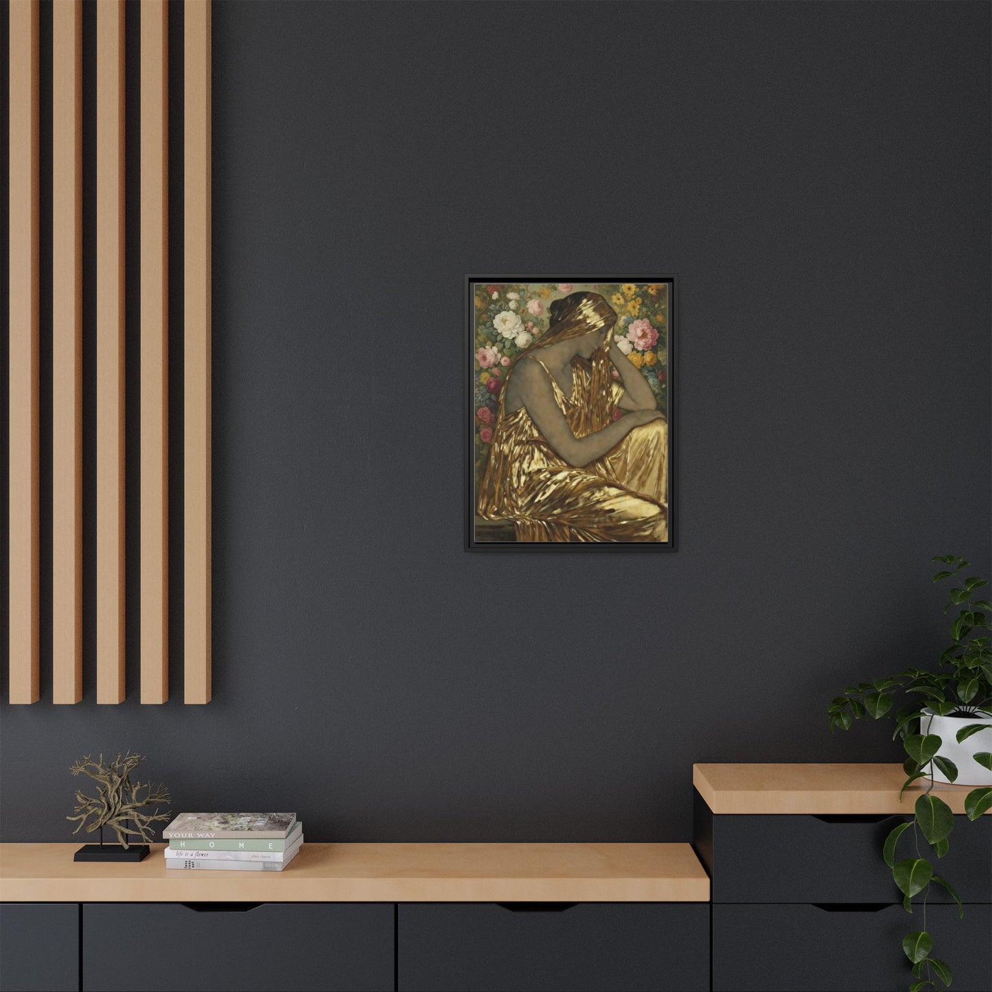 Framed Canvas Art Print — Golden Muse Woman with Floral Background