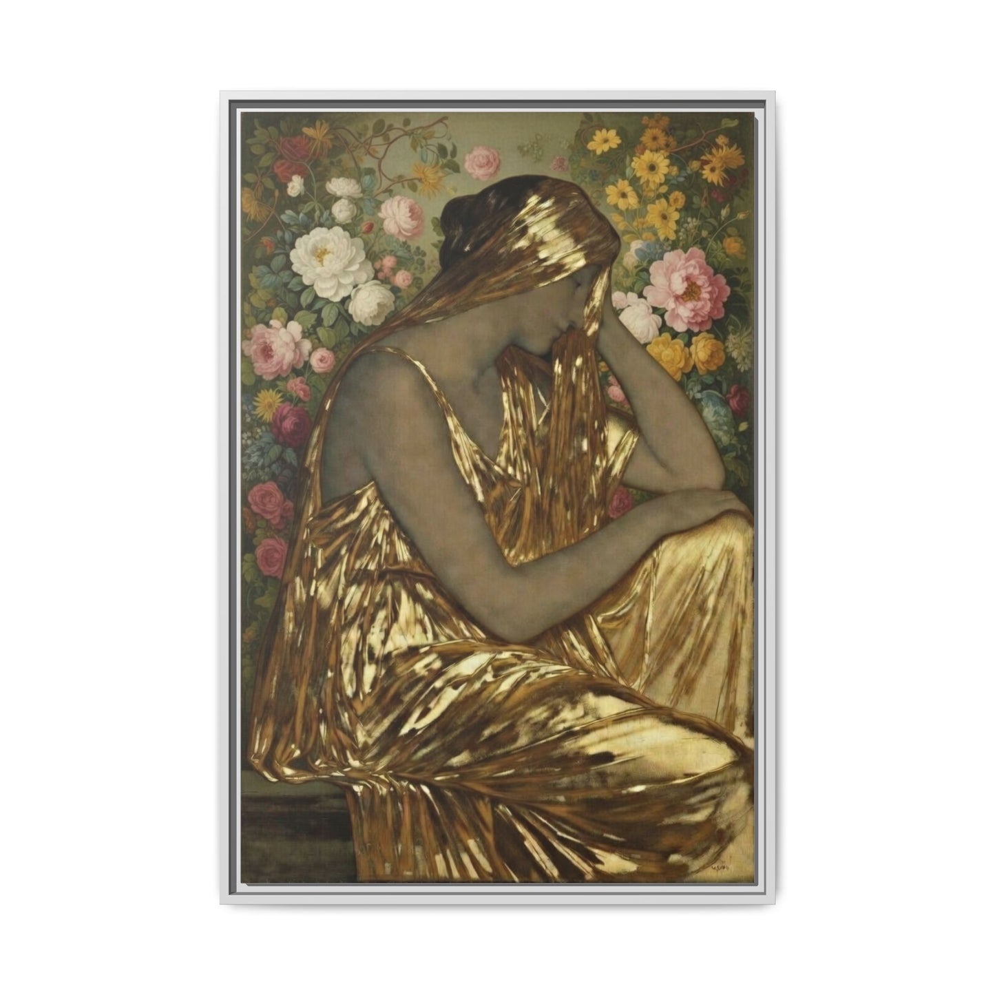 Framed Canvas Art Print — Golden Muse Woman with Floral Background