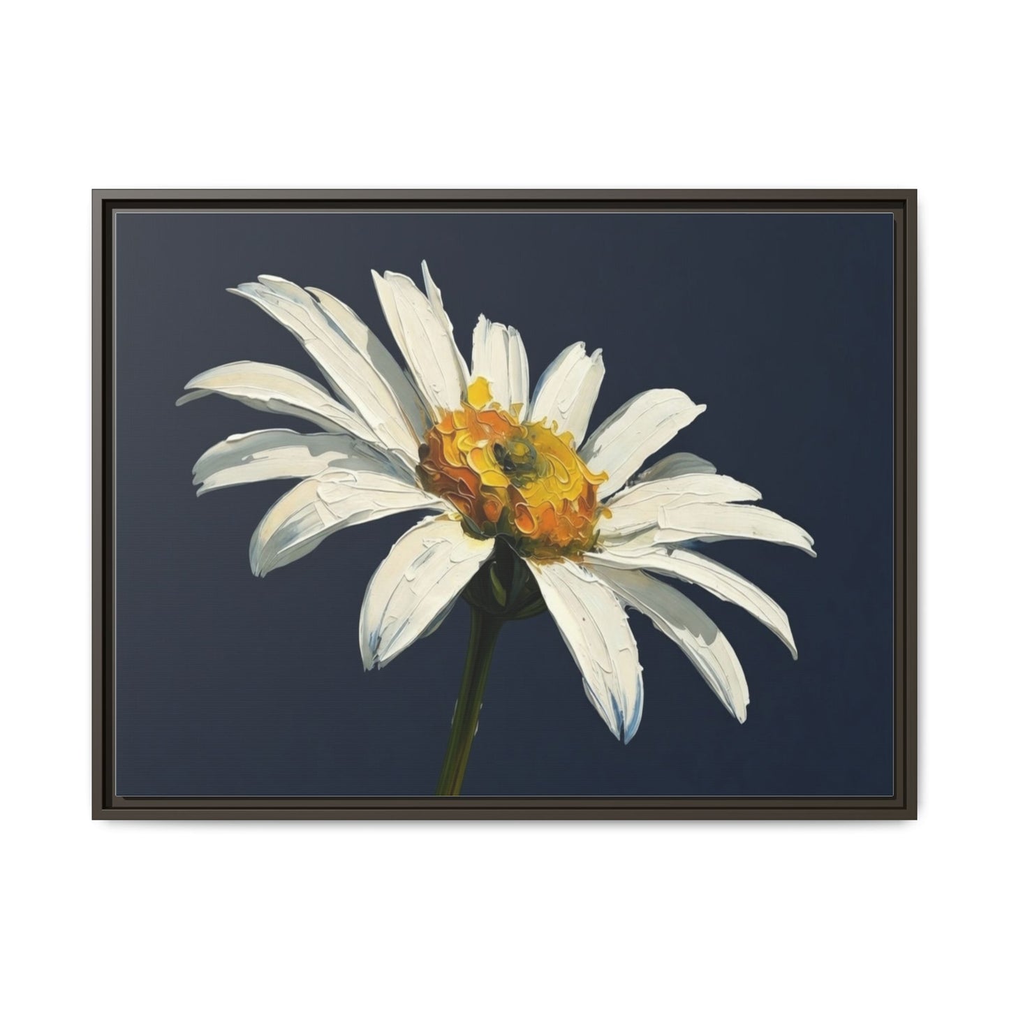 Framed Matte Canvas Daisy Wall Art — White Floral Painting on Navy