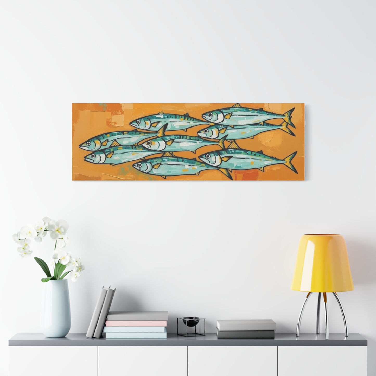 School of Mackerel Canvas Wall Art — Nautical Fish Painting on Orange Background