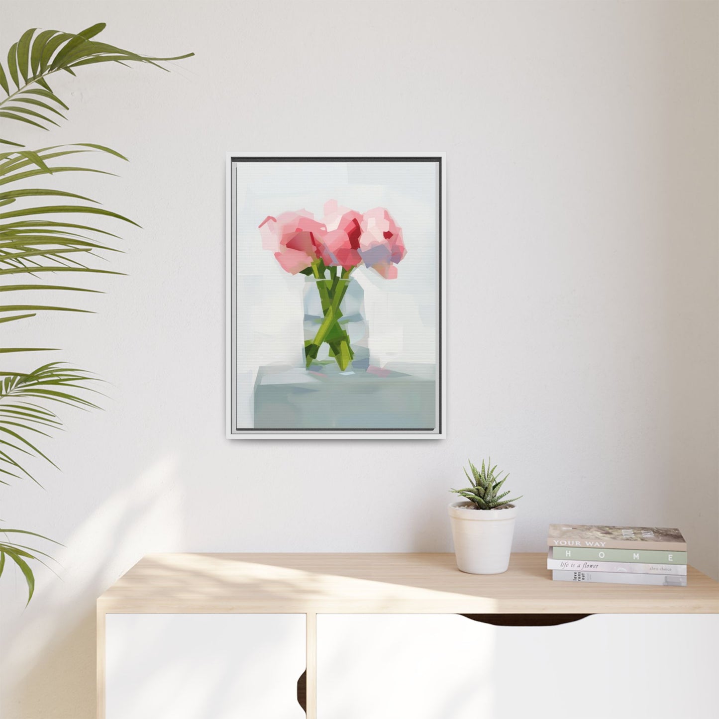 Framed Floral Canvas Art — Pink Peonies in Vase (Matte)