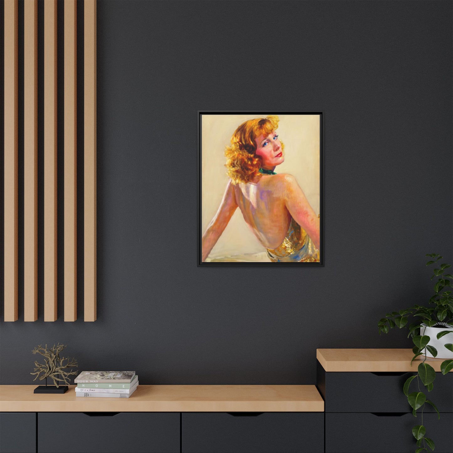 Framed Matte Canvas Print — Vintage Portrait of Redhead Greta Garbo in Gold Dress
