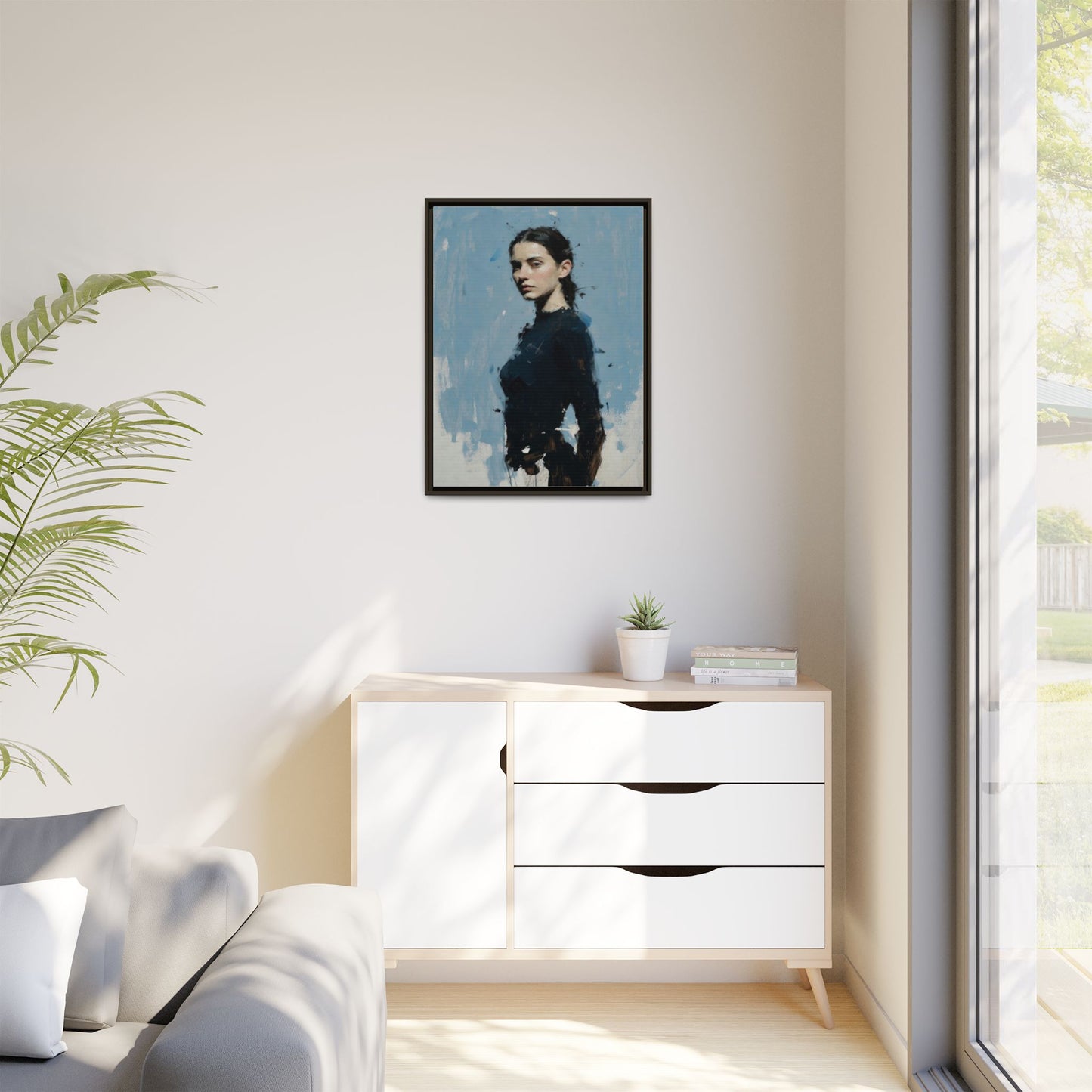 Framed Matte Canvas Portrait Print — Elegant Blue Woman Art