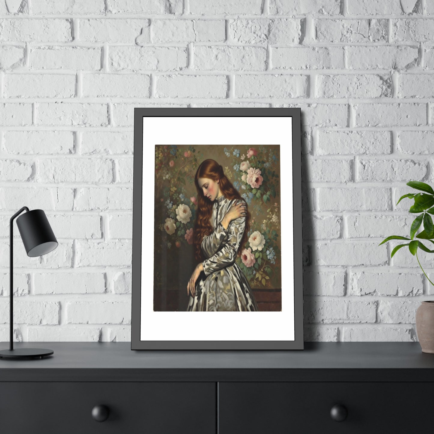 Framed Art Print — Vintage Portrait with Floral Background