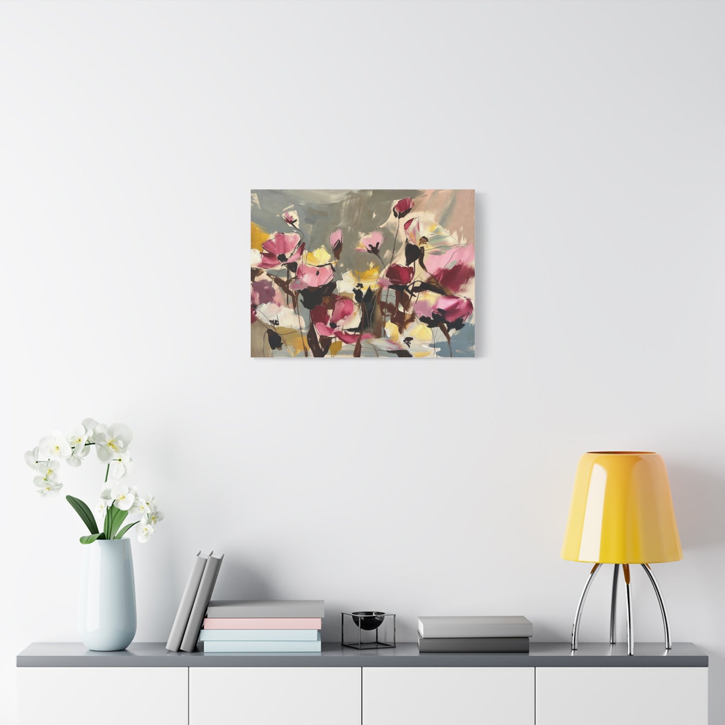 Floral Abstract Canvas Wall Art — Pink & Yellow Bloom Stretched Matte Print