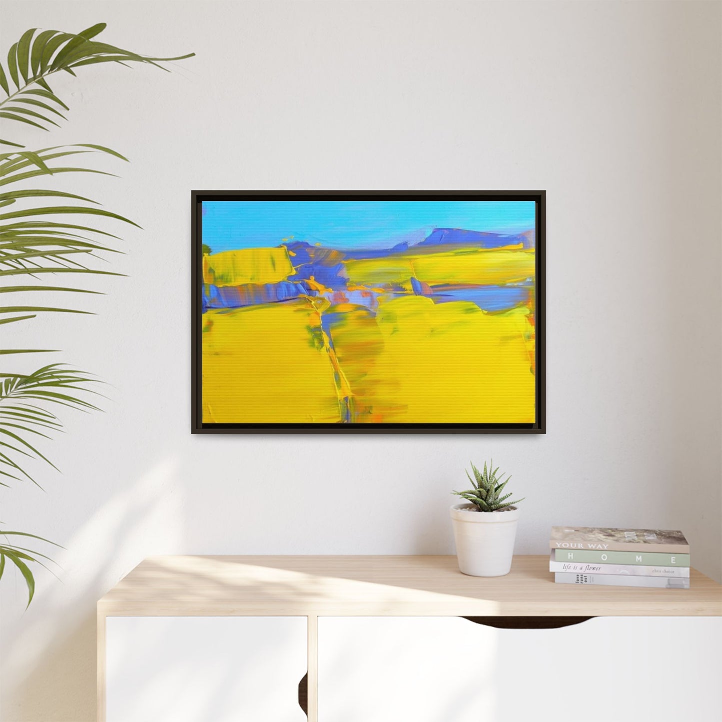 Framed Matte Canvas  Vibrant Yellow Blue Abstract Landscape Art