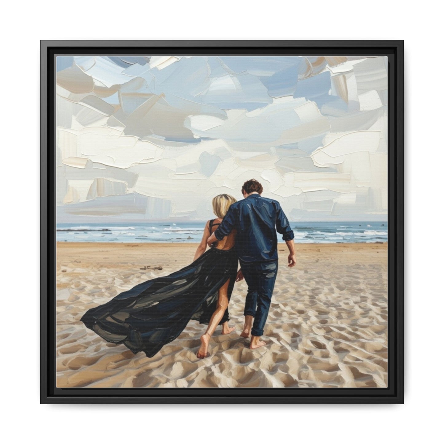 Framed Canvas Wall Art — Romantic Couple Walking on Beach Print