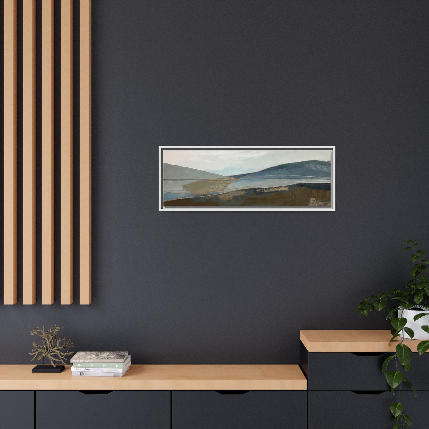 Framed Matte Canvas Landscape Art - Serene Abstract Hills in Blue & Earth Tones