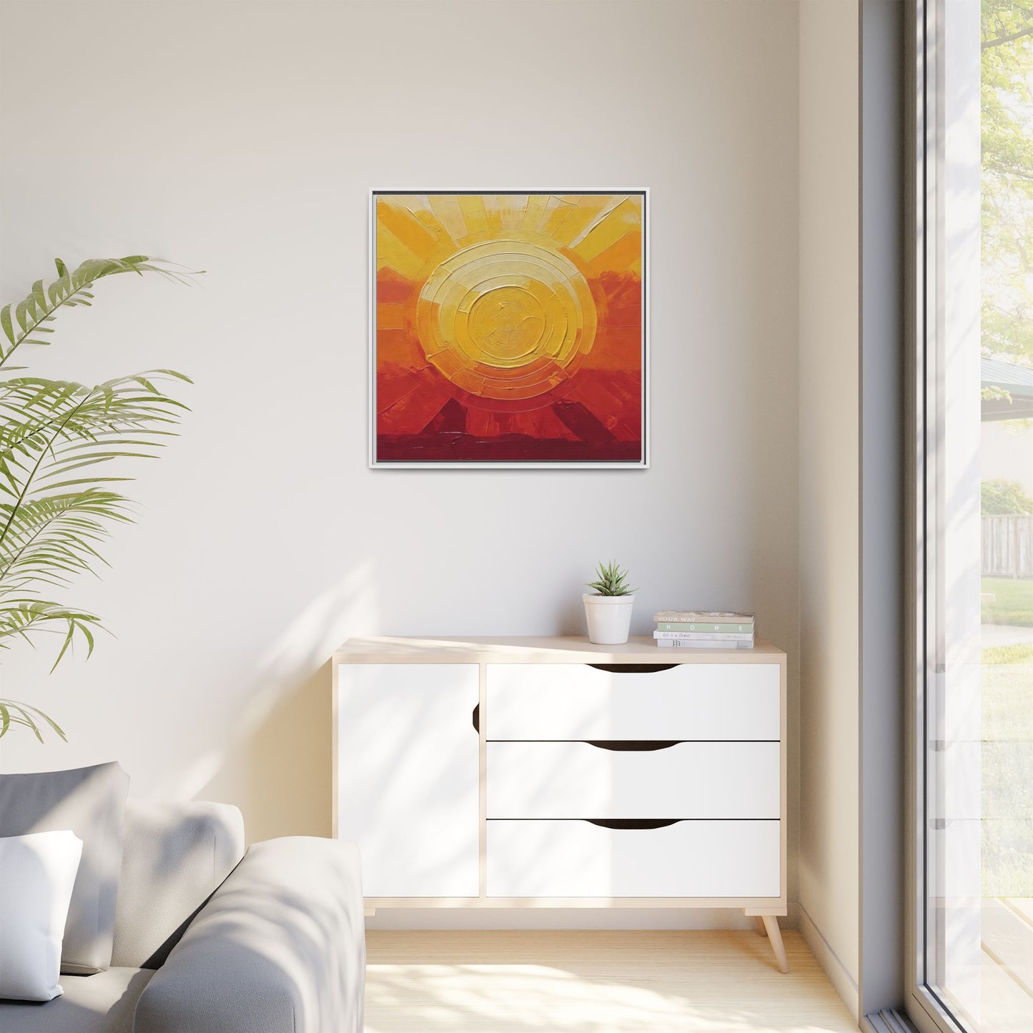 Sunburst Abstract Framed Canvas Art — Matte Multi‑Color Wall Print