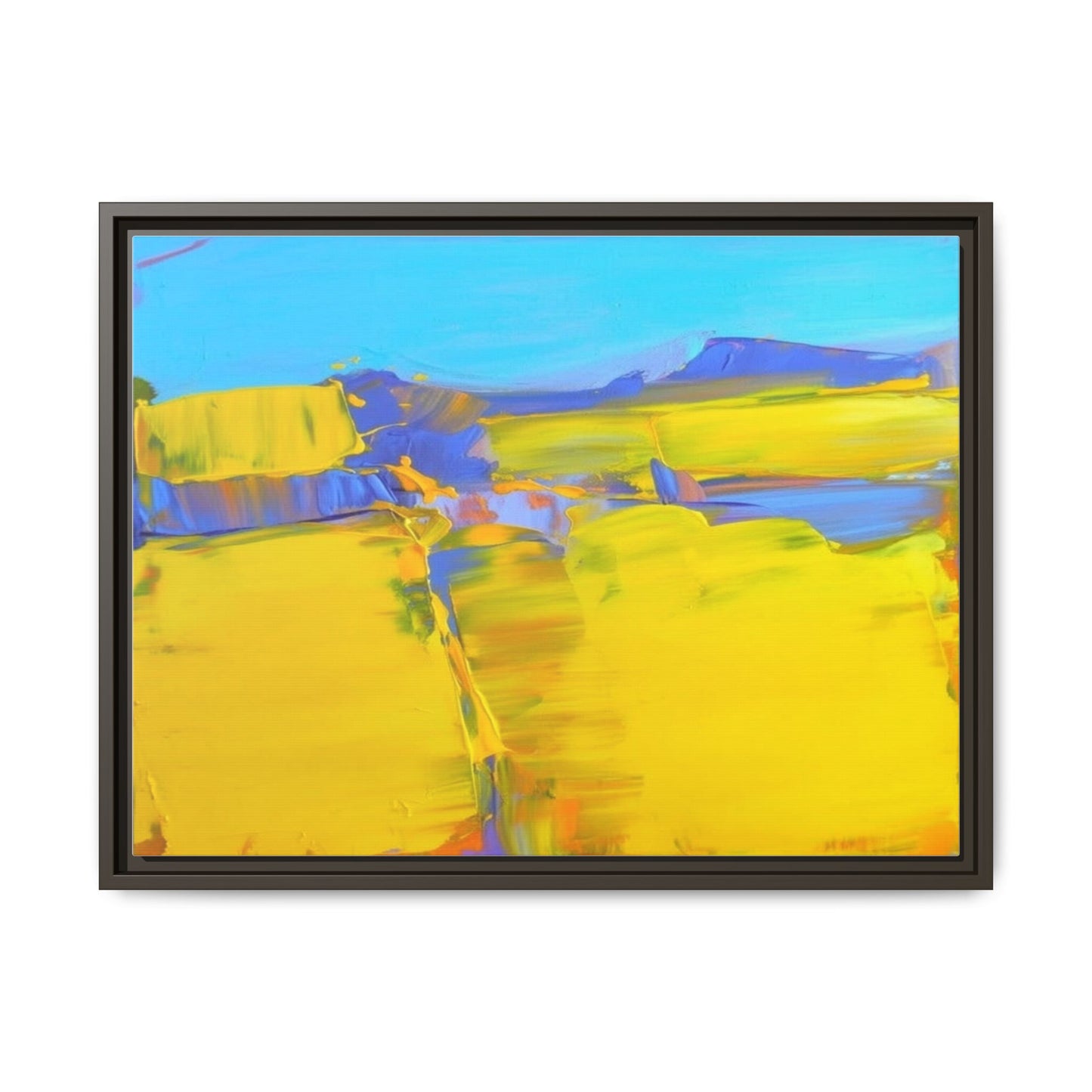 Framed Matte Canvas  Vibrant Yellow Blue Abstract Landscape Art