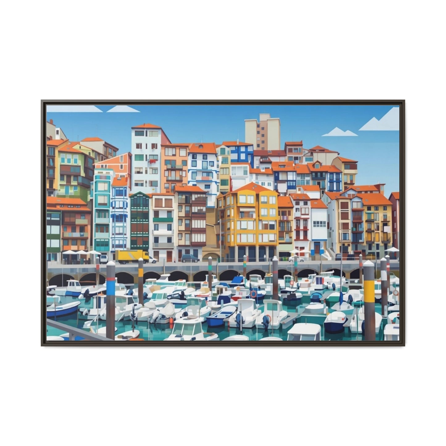 Framed Matte Canvas Print — Colorful Mediterranean Harbor Illustration