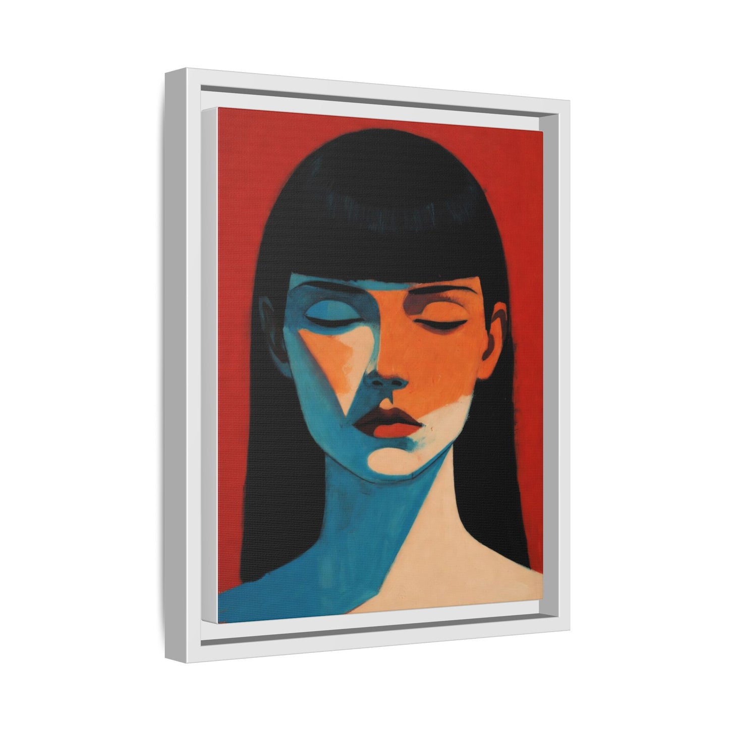 Framed Matte Canvas Art – Minimalist Portrait in Red & Teal