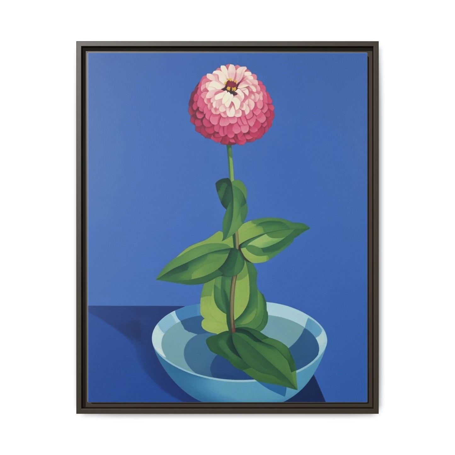 Framed Matte Canvas Art — Pink Zinnia in Blue Bowl (Botanical Still Life)