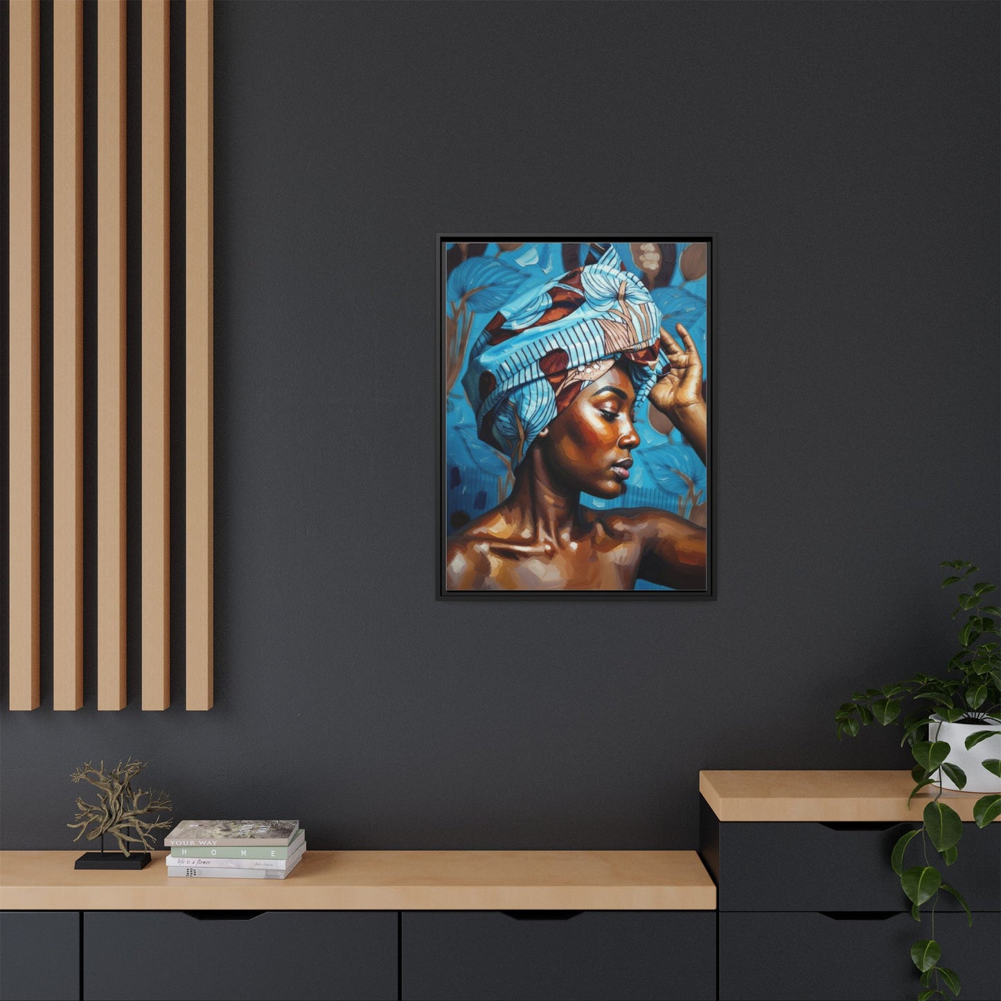 Framed Canvas Art — Portrait of Woman in Blue Headwrap