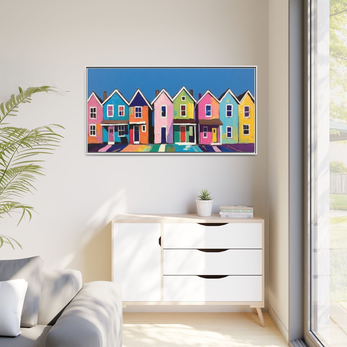 Colorful Beach Houses Matte Canvas Framed Wall Art