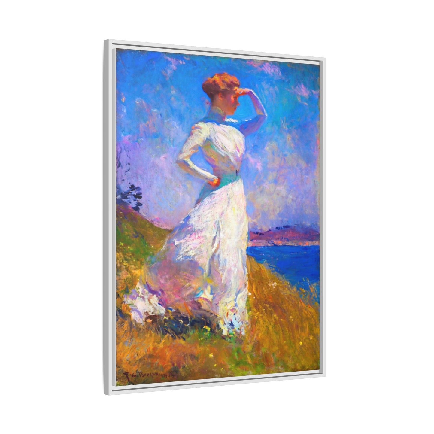 Framed Matte Canvas Art - Woman in White Seaside Impressionist Print
