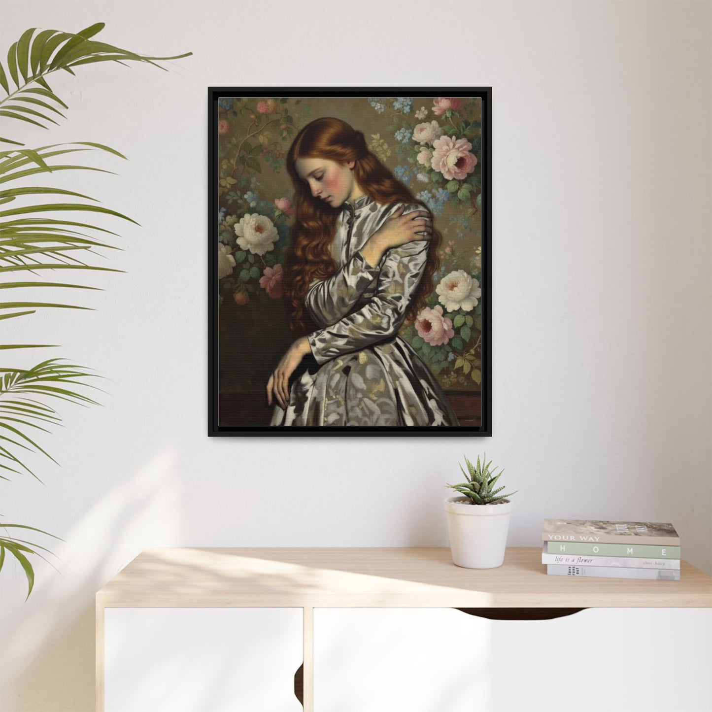 Framed Matte Canvas Art — Vintage Floral Portrait of a Young Woman