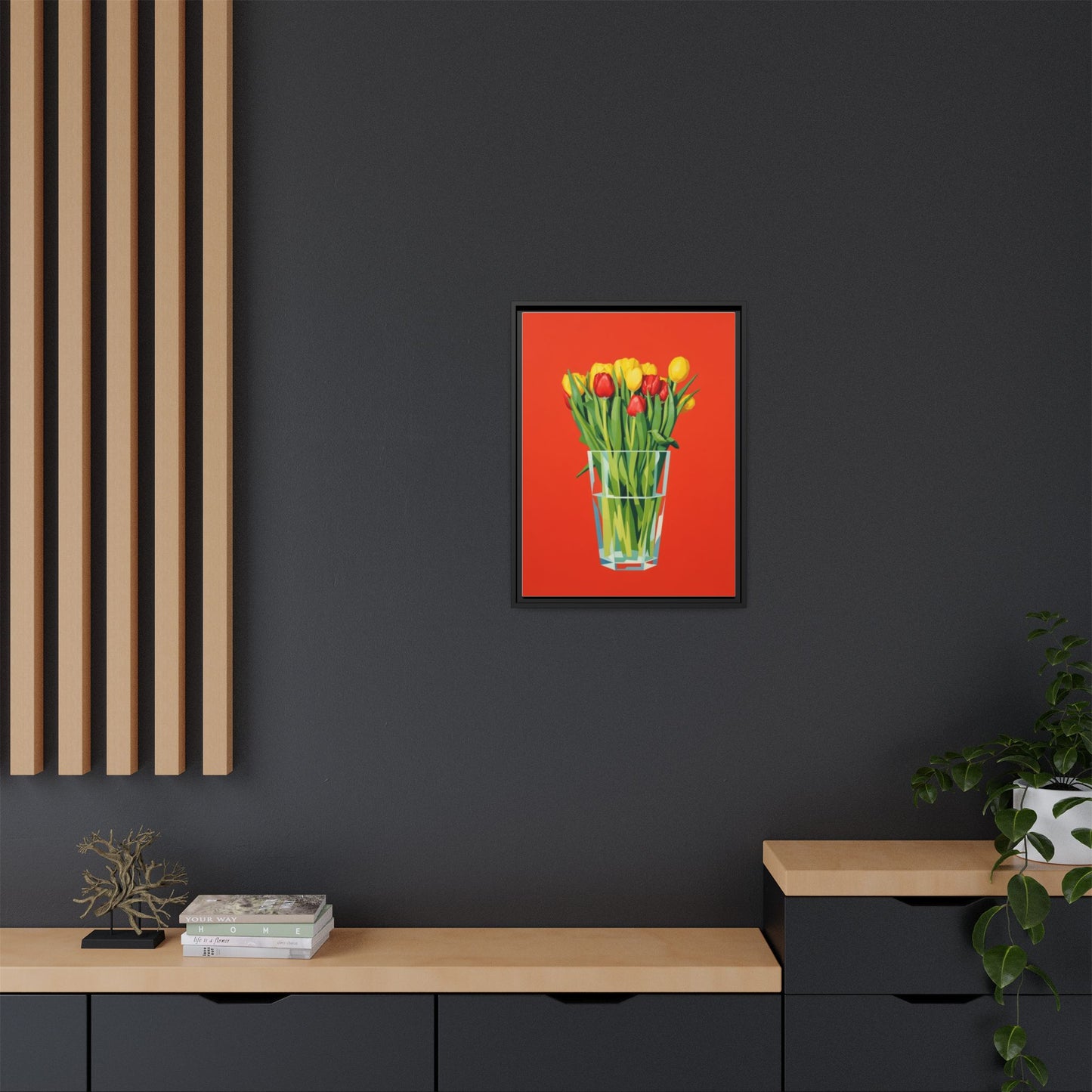 Framed Tulip Bouquet Matte Canvas Art — Vibrant Red Floral Wall Print