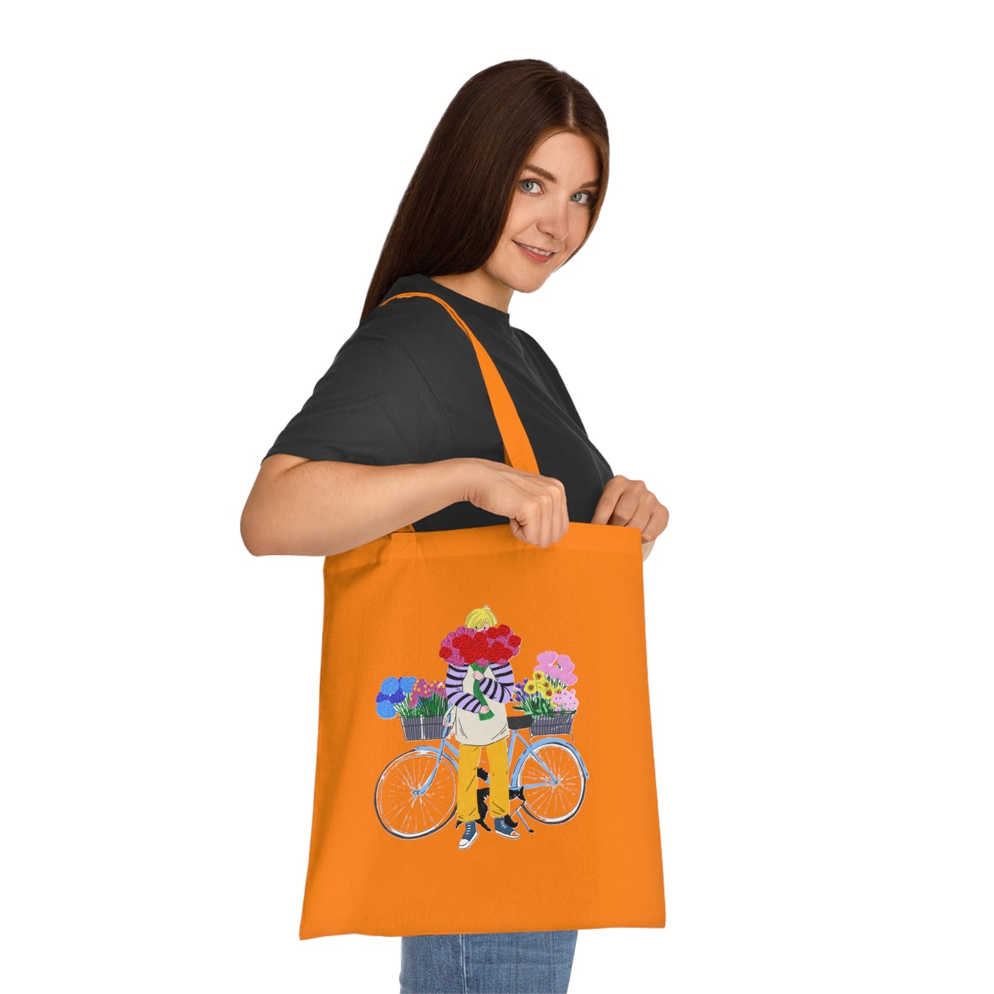 Floral Bike Tote Bag — Cotton Market Tote with Colorful Flower Bicycle Design