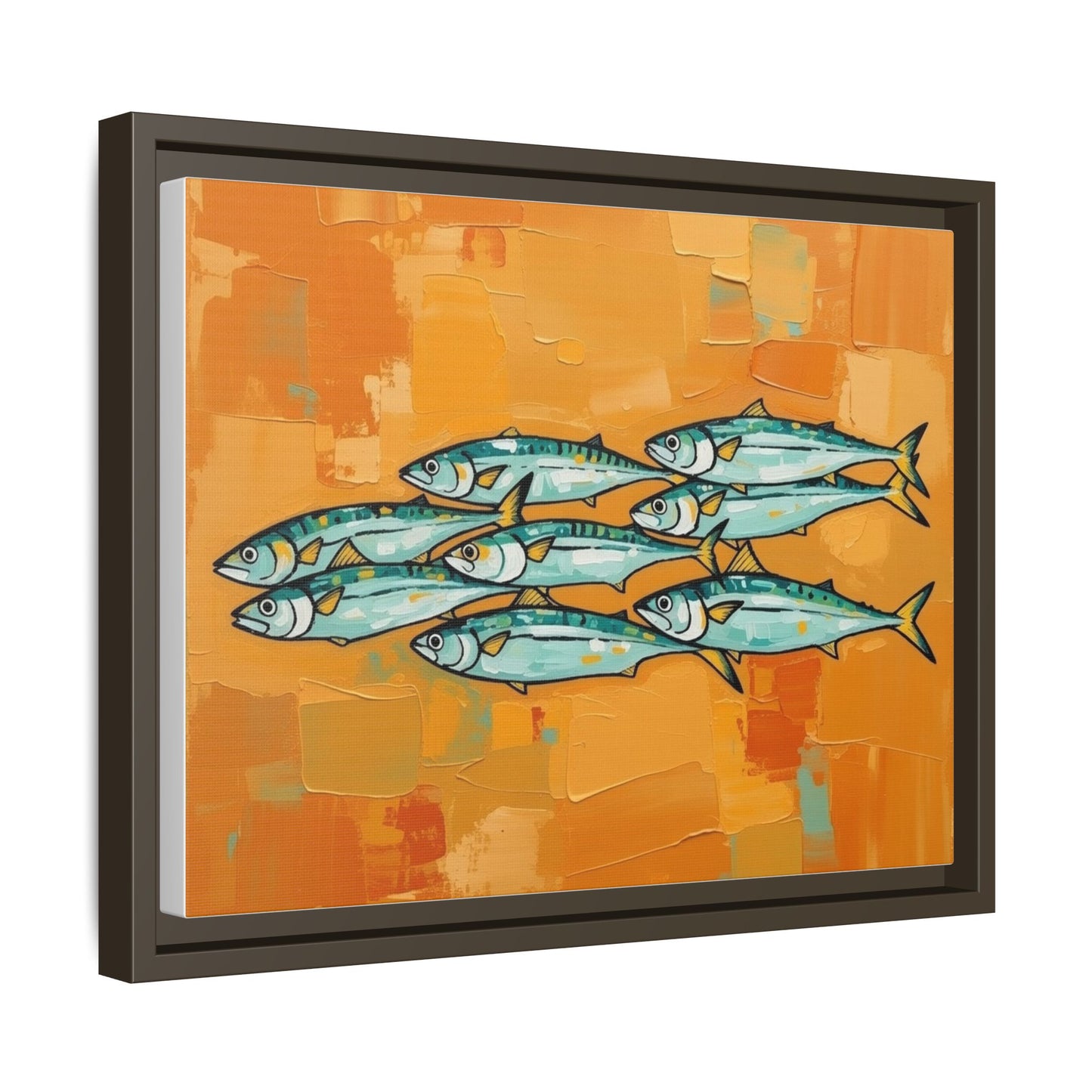 Framed Matte Canvas Print — School of Blue Fish on Orange Abstract Background