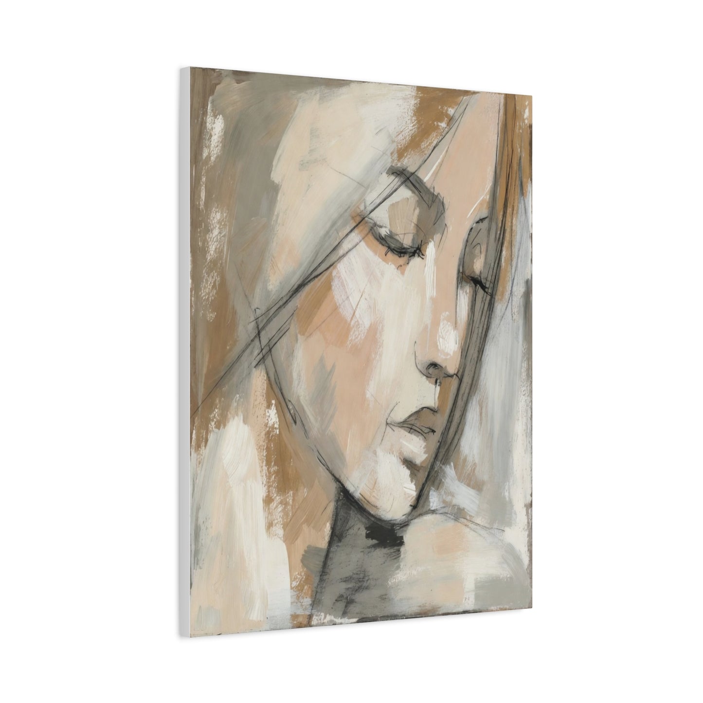Serene Woman Portrait Matte Canvas Wall Art — Neutral Abstract Face Painting