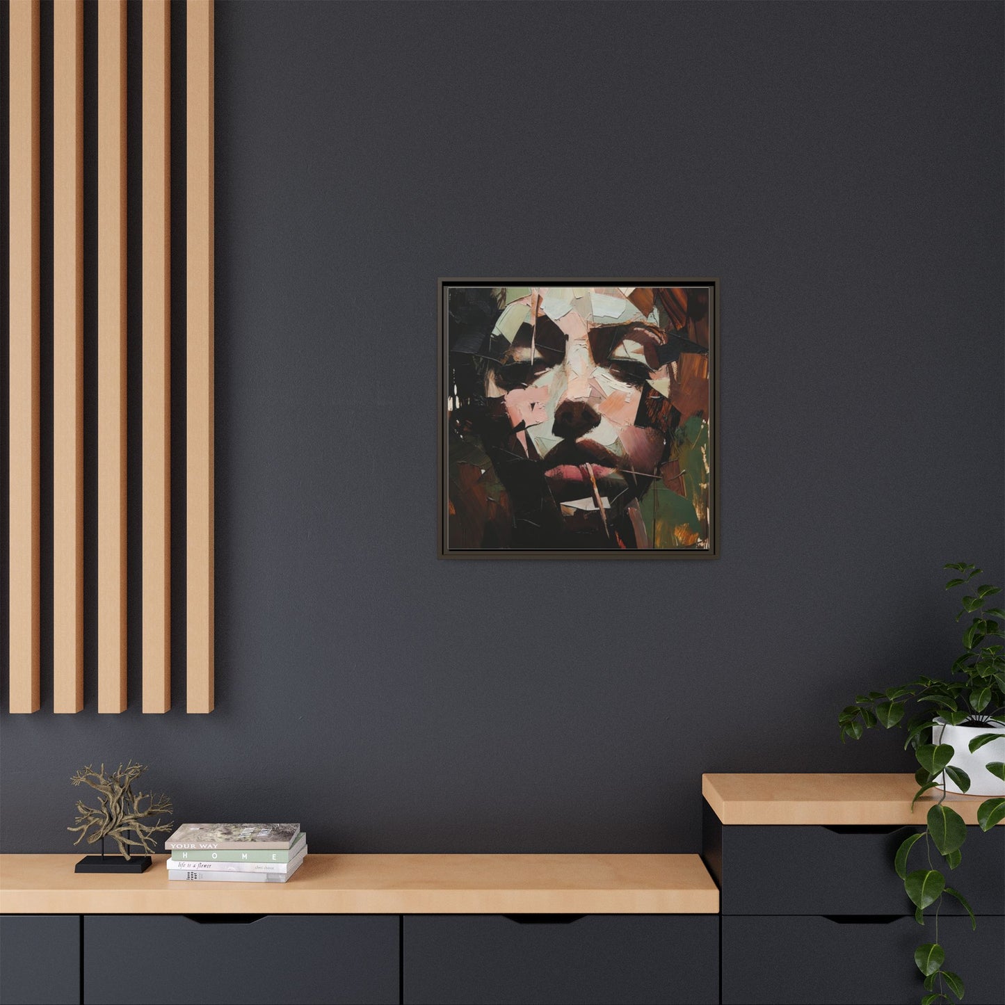 Matte Framed Canvas Art — Abstract Female Portrait, Moody Multicolor