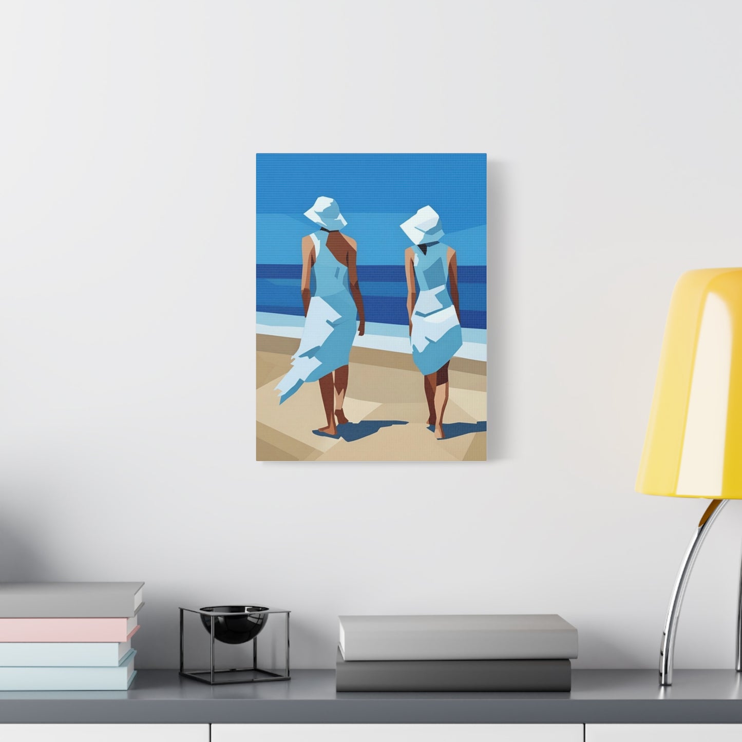 Beach Stroll Canvas Print — Two Women in Blue Sun Hats Matte Stretched