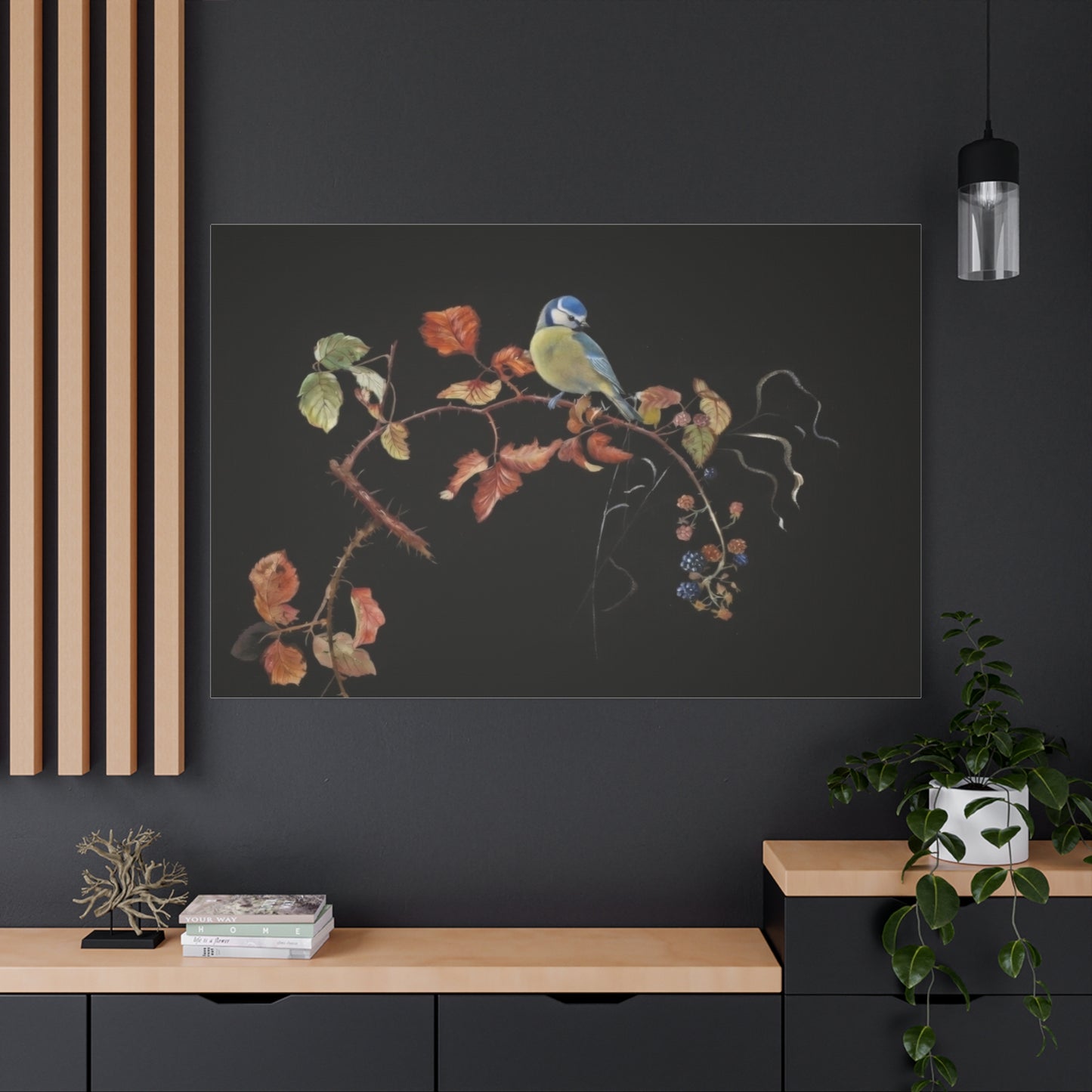 Canvas Wall Art - Blue Tit on Autumn Branch, Stretched Matte Canvas