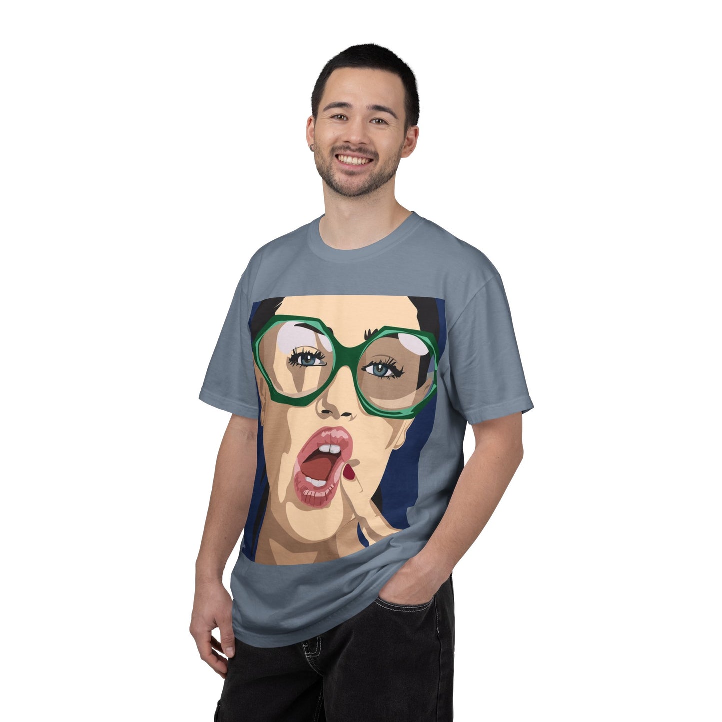 Pop Art Woman Graphic T‑Shirt — Retro Chic Green Glasses Design