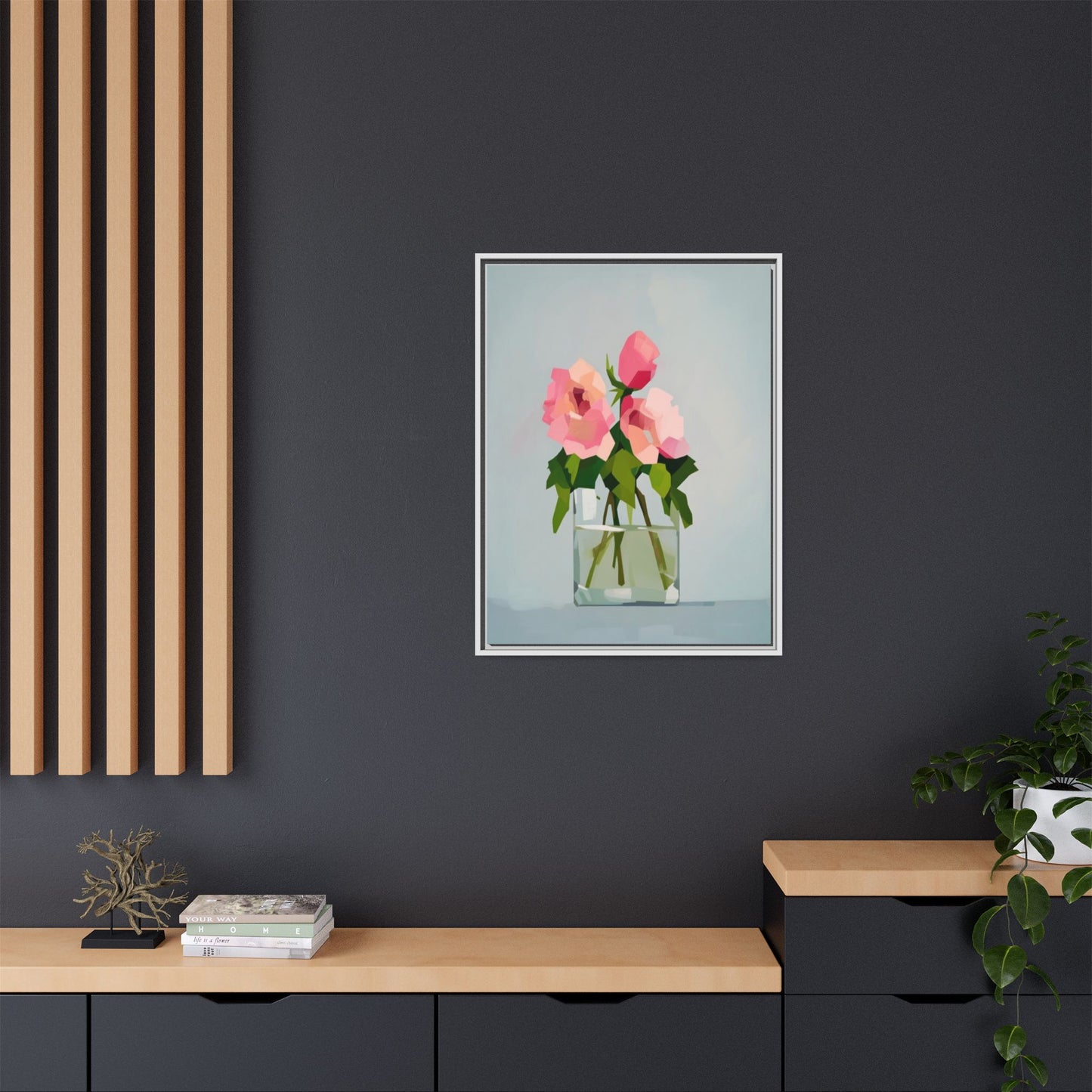 Framed Floral Canvas Print — Pink Roses in Glass Vase (Matte)