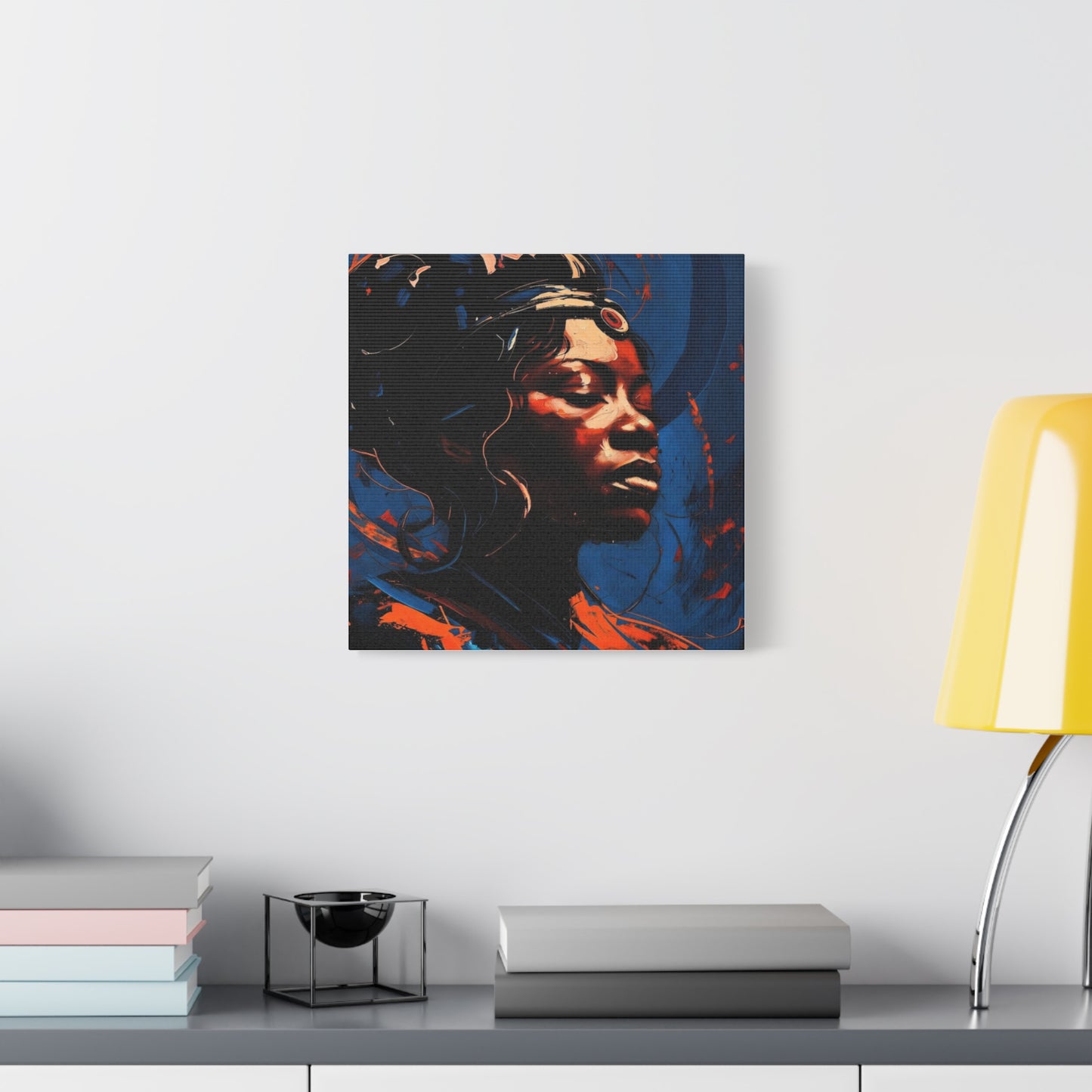Regal Afrocentric Portrait Matte Canvas Art – Vibrant Blue & Orange Stretched Wall Decor