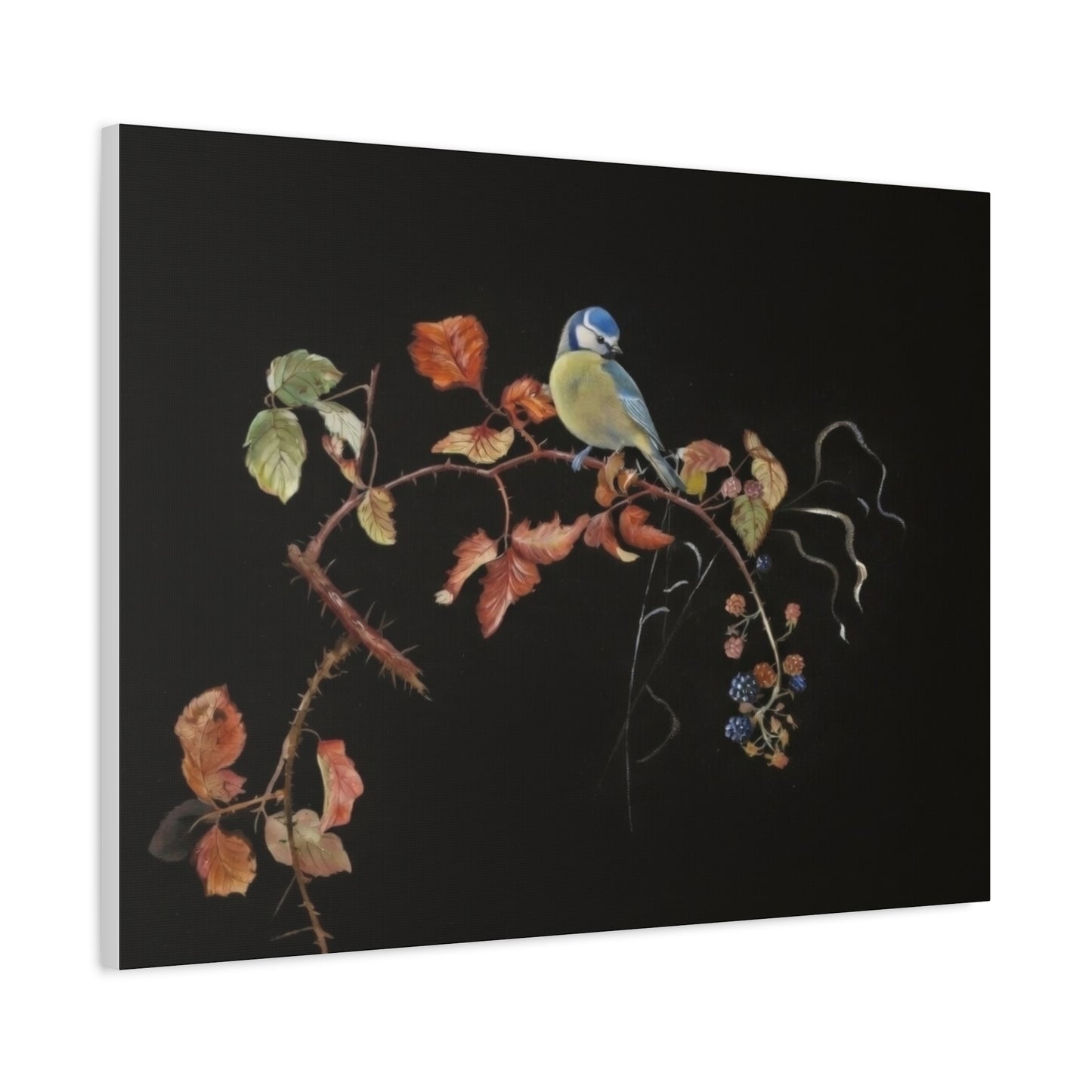 Canvas Wall Art - Blue Tit on Autumn Branch, Stretched Matte Canvas