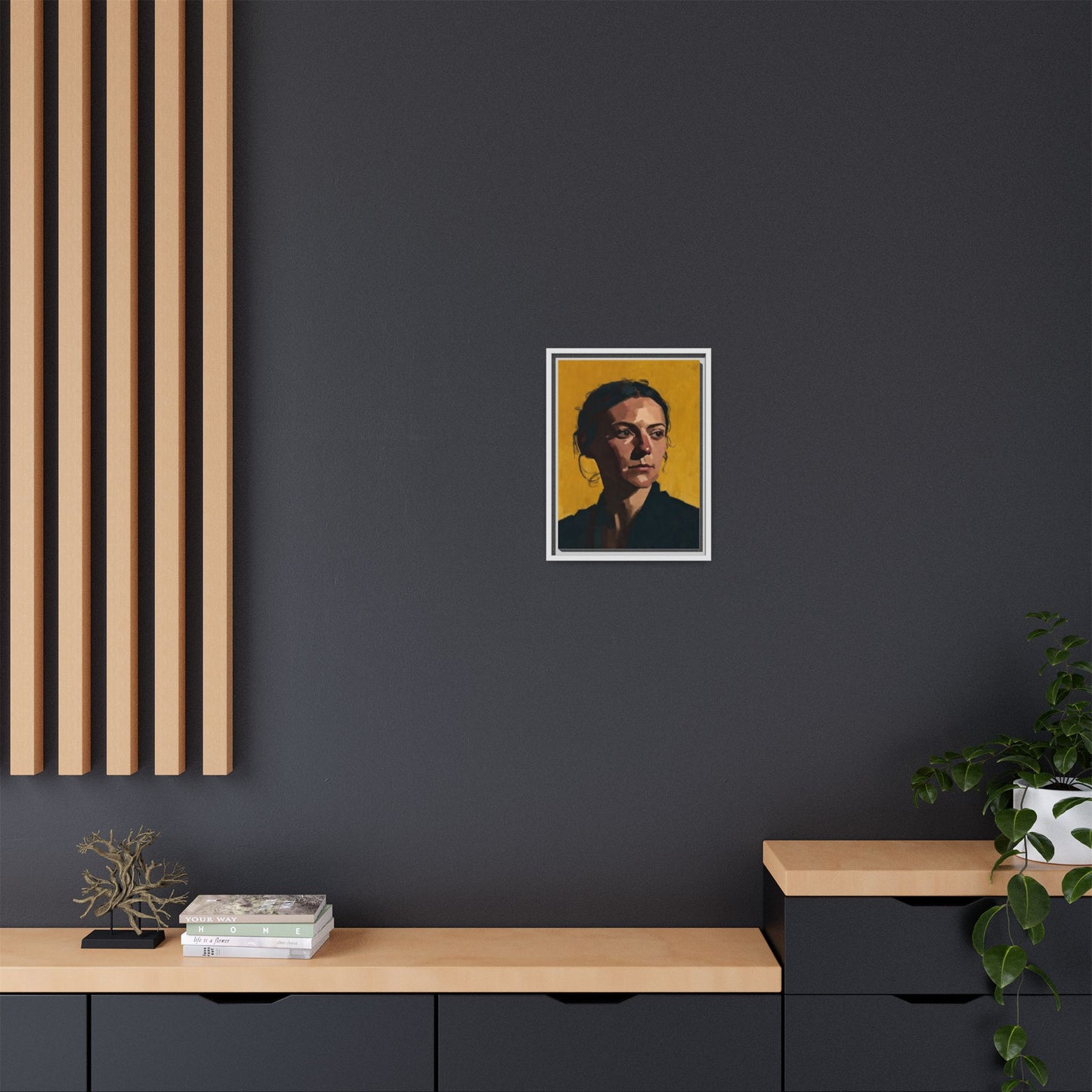 Framed Matte Canvas Portrait Art — Moody Woman on Mustard Background