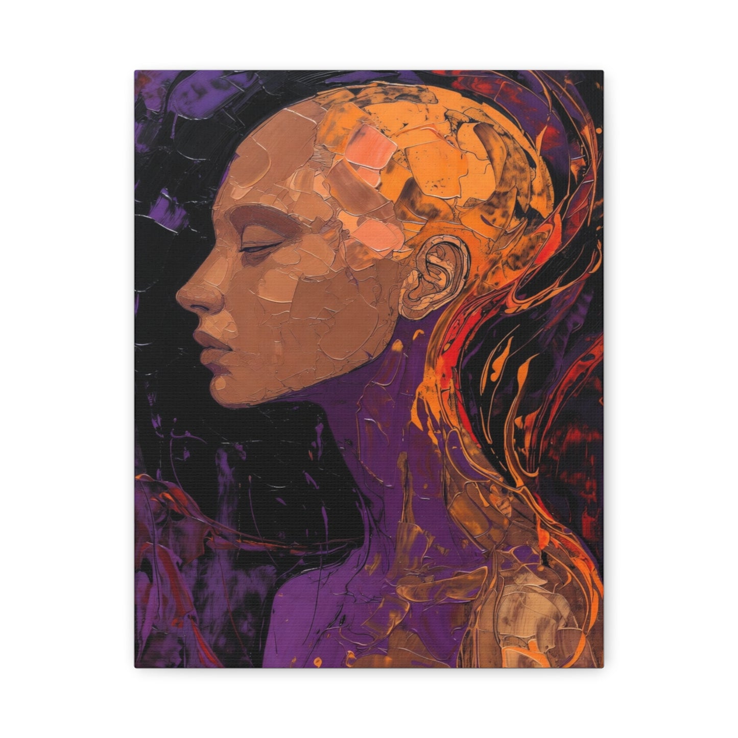 Abstract Portrait Canvas - Meditative Female Profile in Purple & Orange