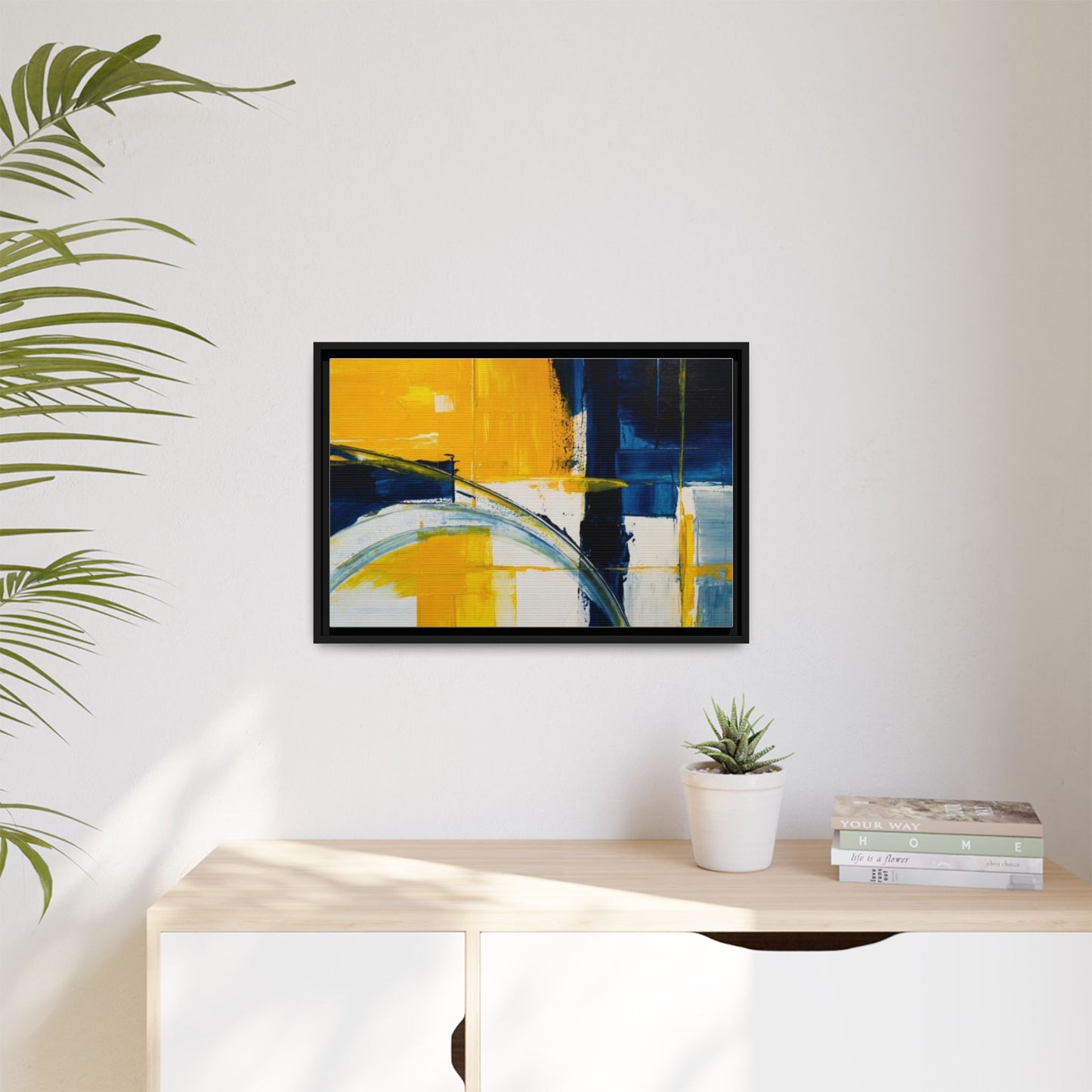 Abstract Yellow & Blue Framed Canvas Wall Art — Modern Matte Canvas Print