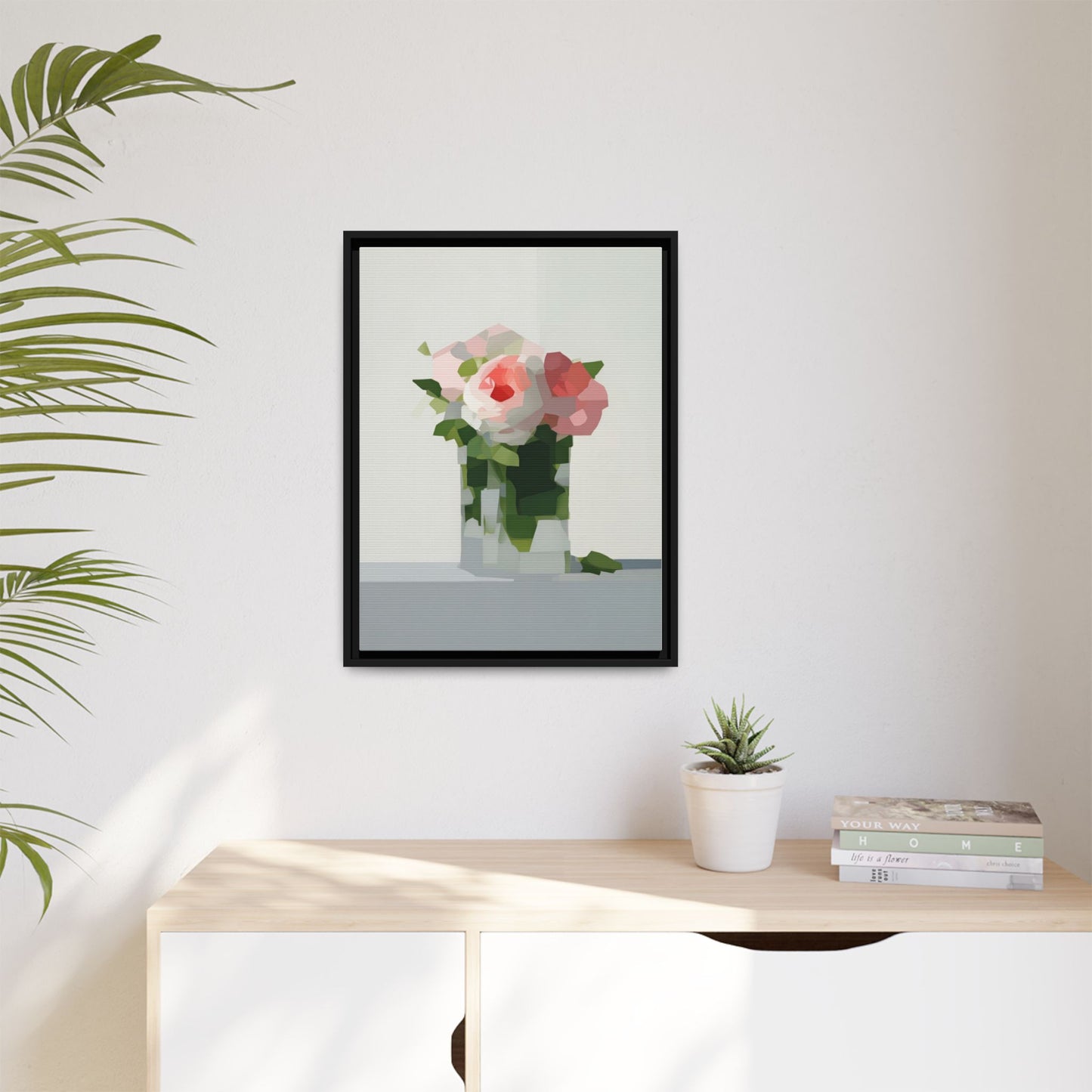 Framed Floral Canvas Print — Modern Pink Roses Still Life