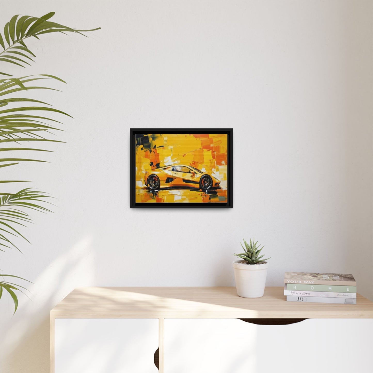 Yellow Sports Car Abstract Matte Canvas Framed Print