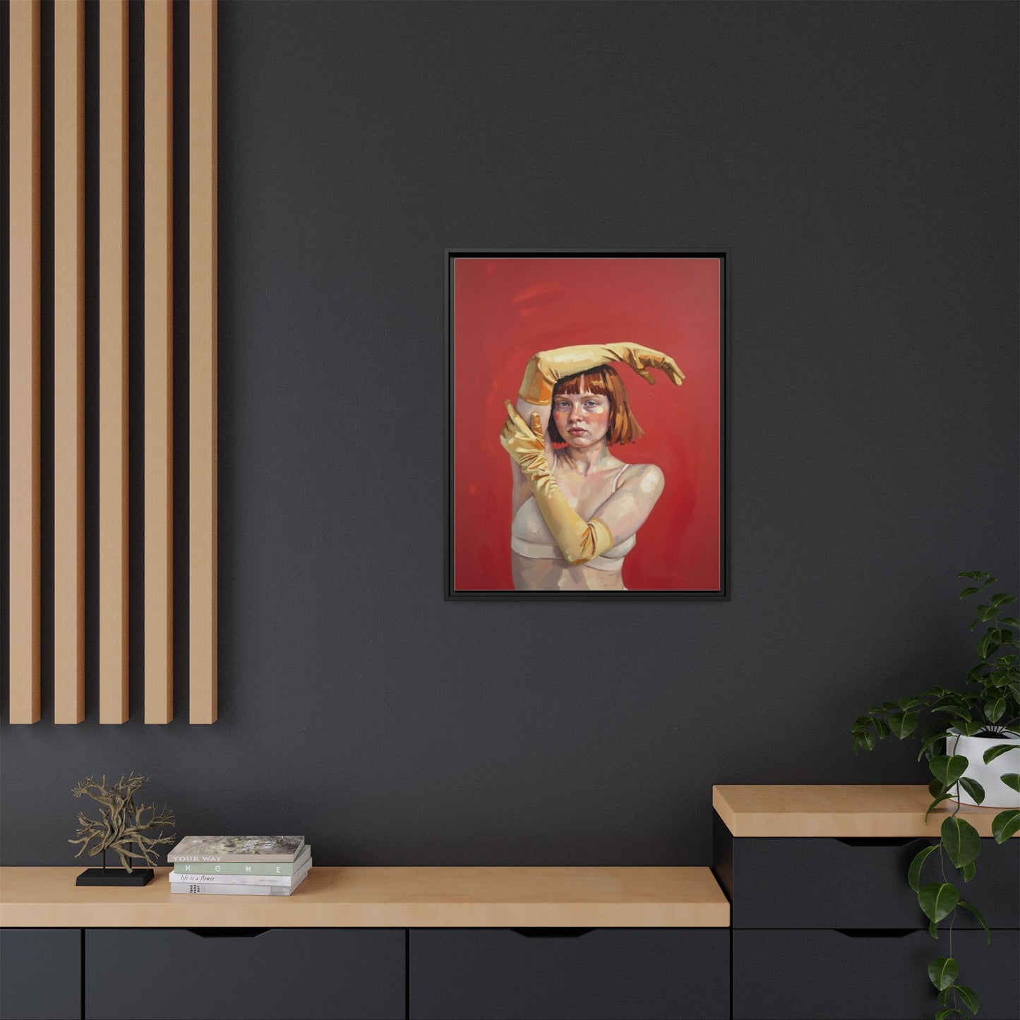Framed Matte Canvas Art - Portrait of Woman in Yellow Gloves (Red Background)
