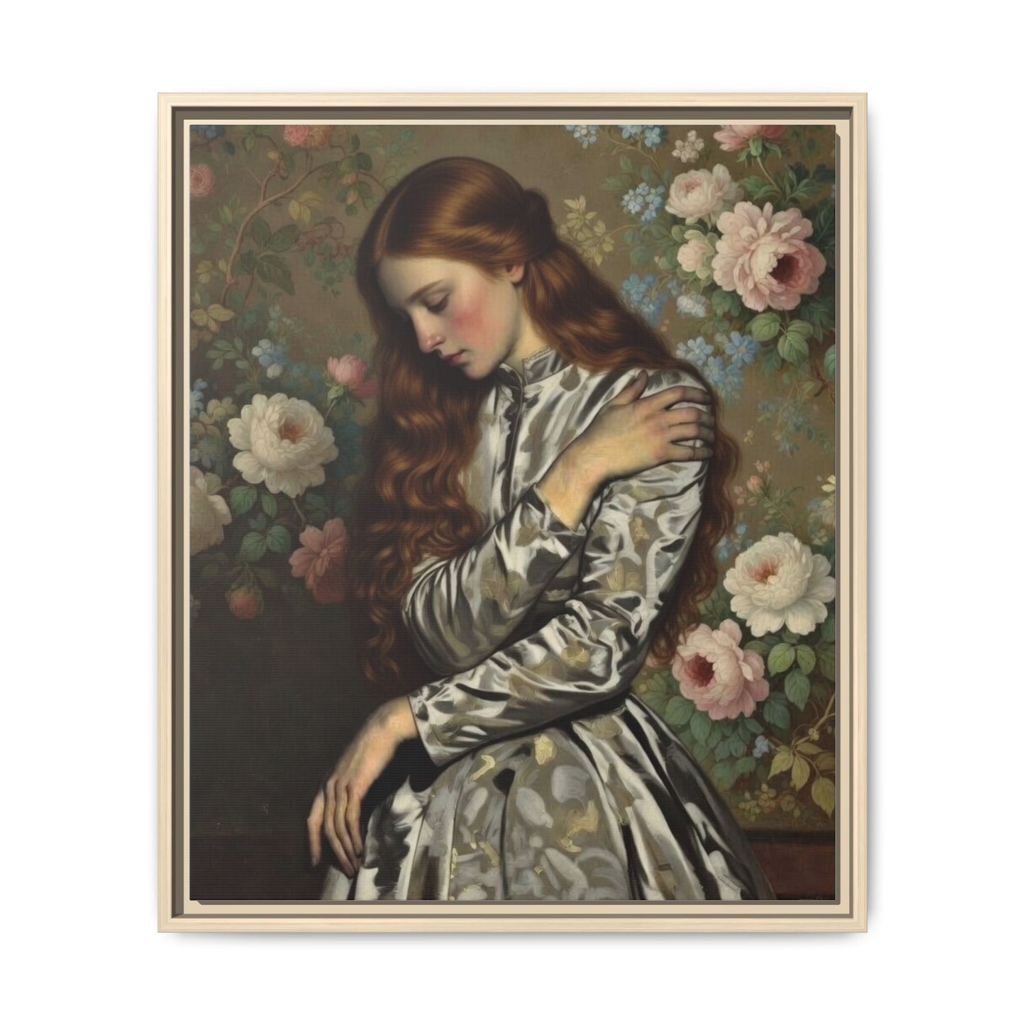 Framed Matte Canvas Art — Vintage Floral Portrait of a Young Woman